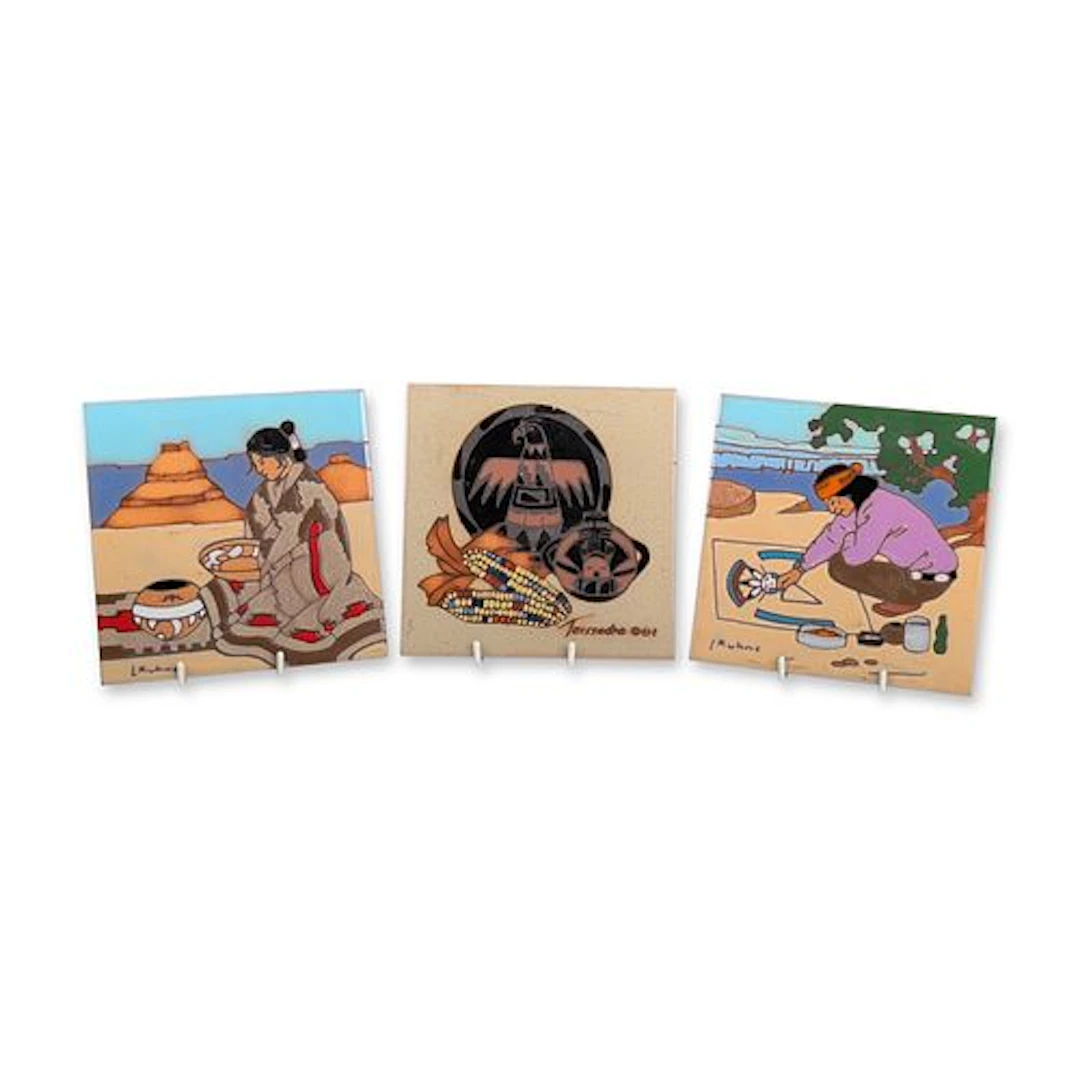 3pc Cleo Teissedre and Leone Kuhne Hand Painted Ceramic Art Tiles