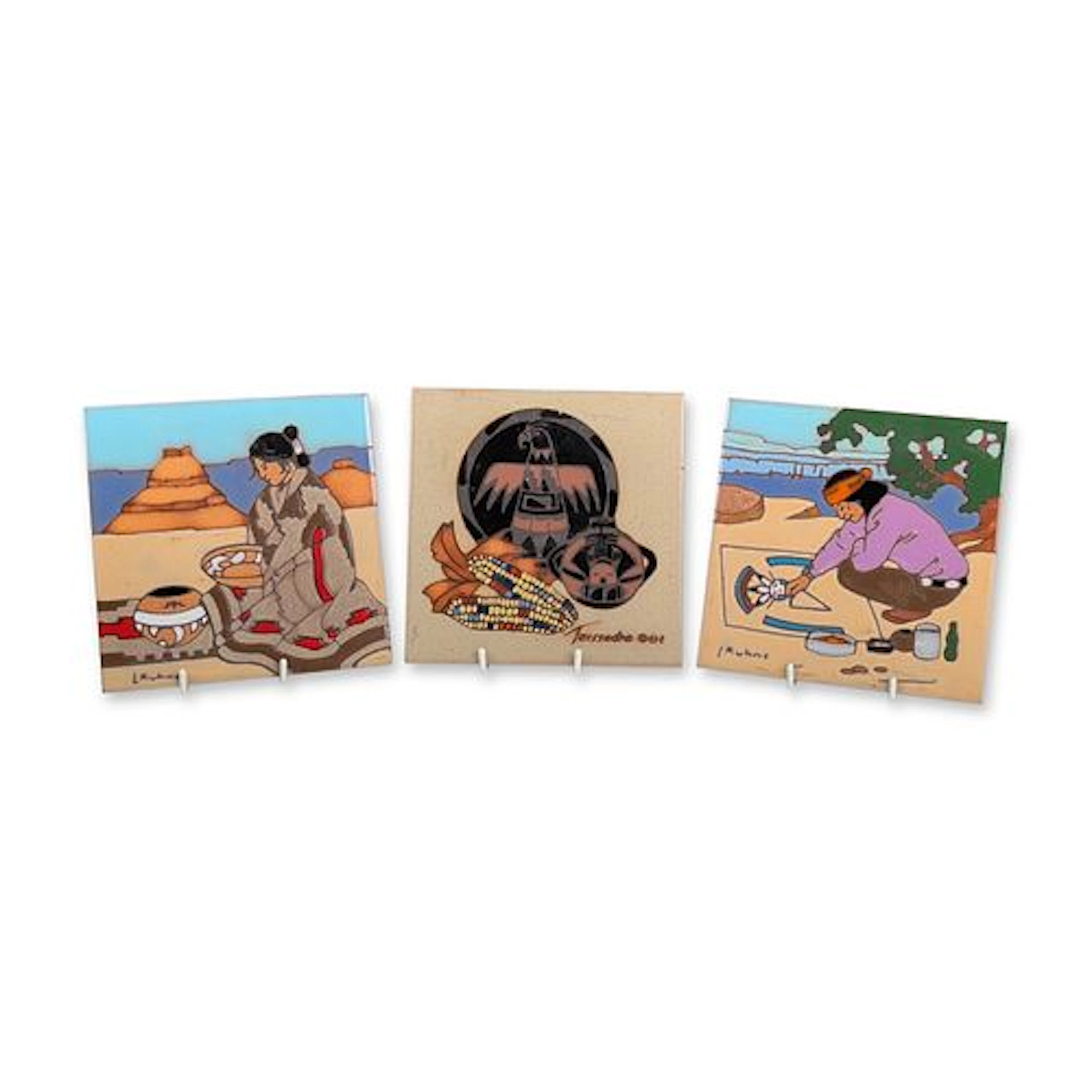 3pc Cleo Teissedre and Leone Kuhne Hand Painted Ceramic Art Tiles