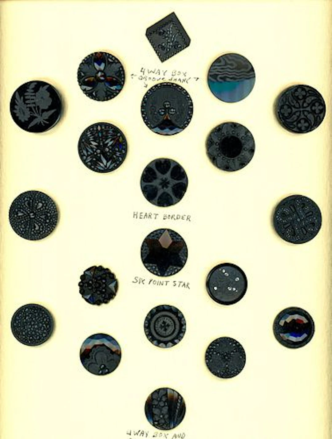 A CARD OF DIVISION ONE ALL BLACK GLASS BUTTONS
