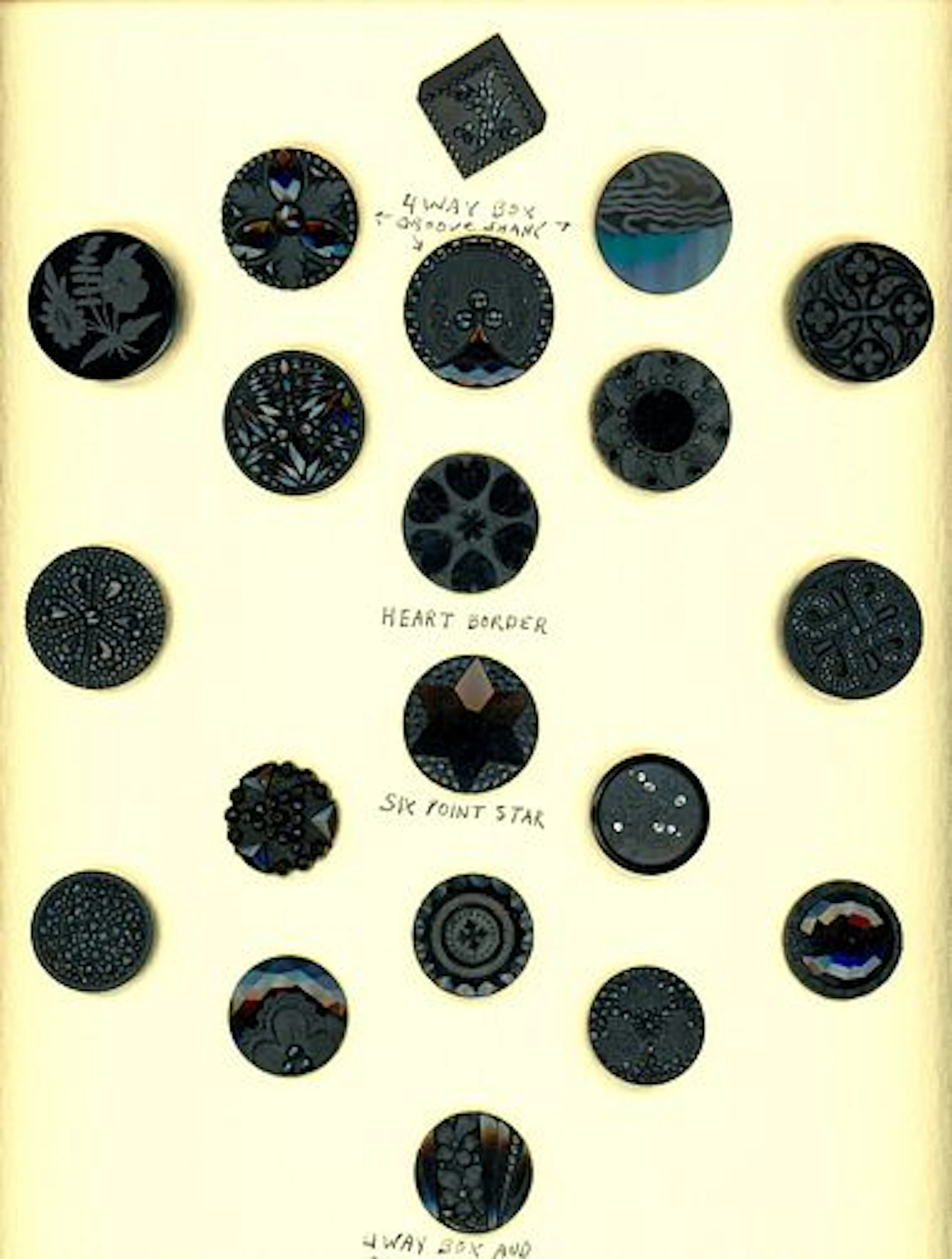 A CARD OF DIVISION ONE ALL BLACK GLASS BUTTONS