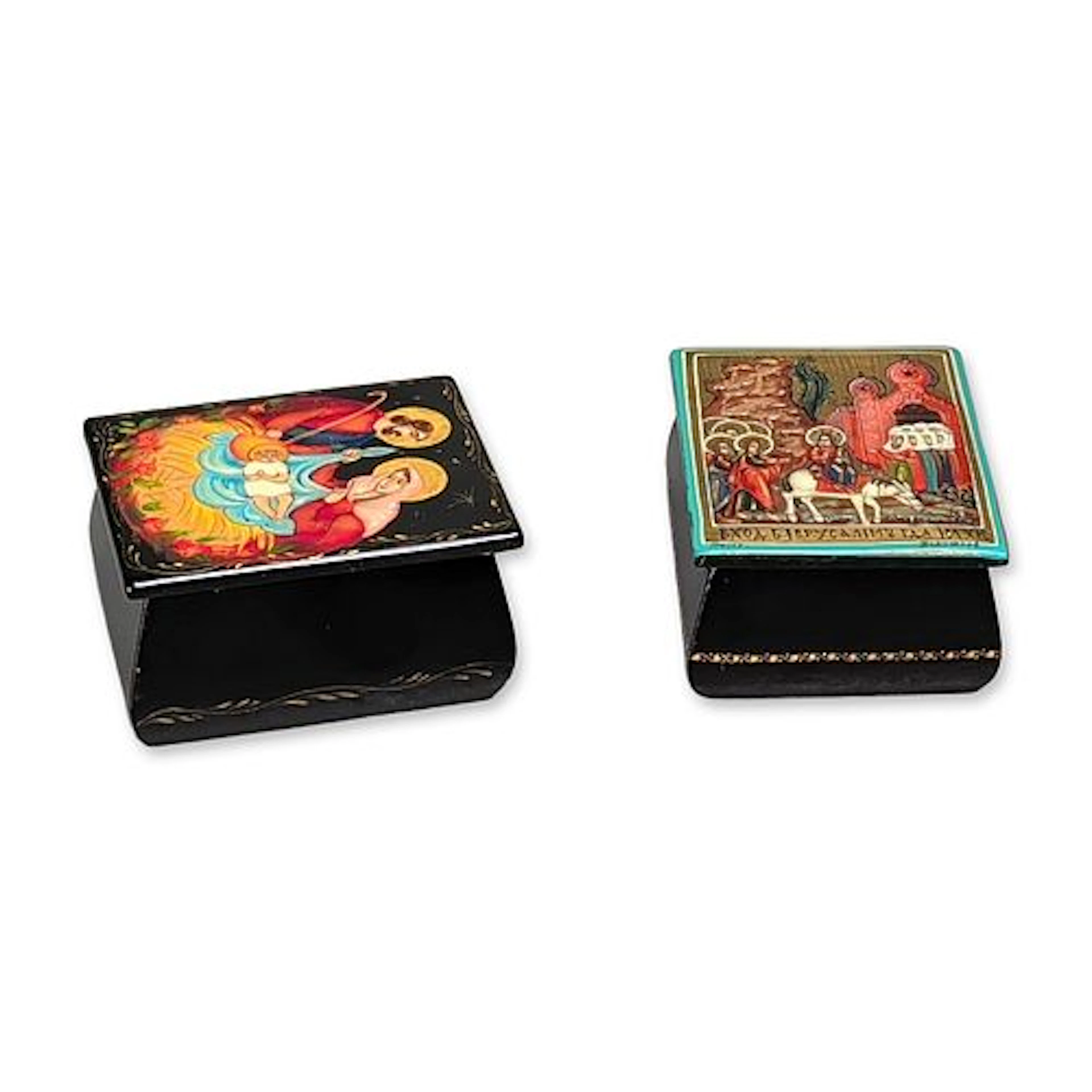 Pair of Russian Iconographic Miniature Lacquer Trinket Boxes