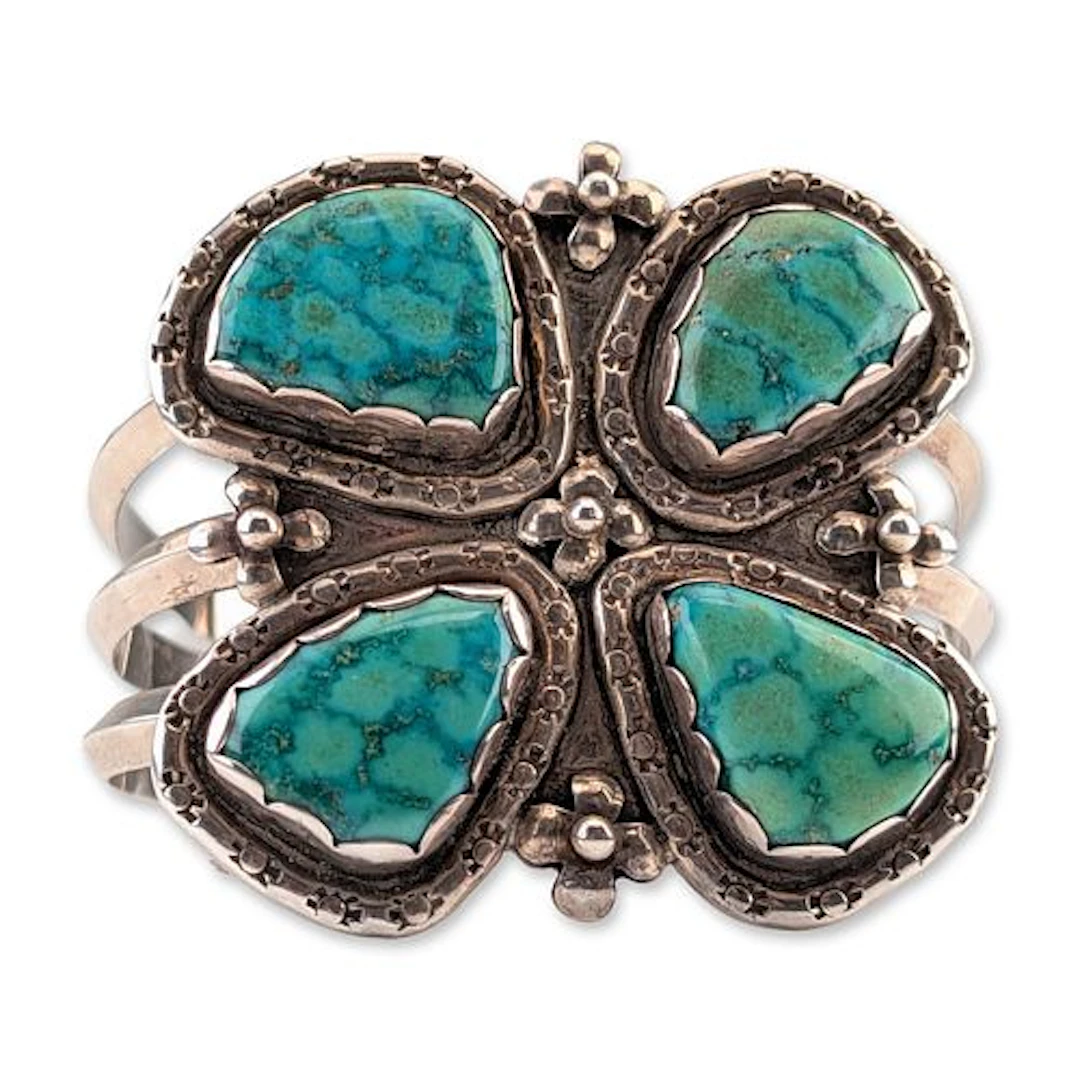 Navajo Style Sterling Silver Turquoise Cluster Cuff Bracelet
