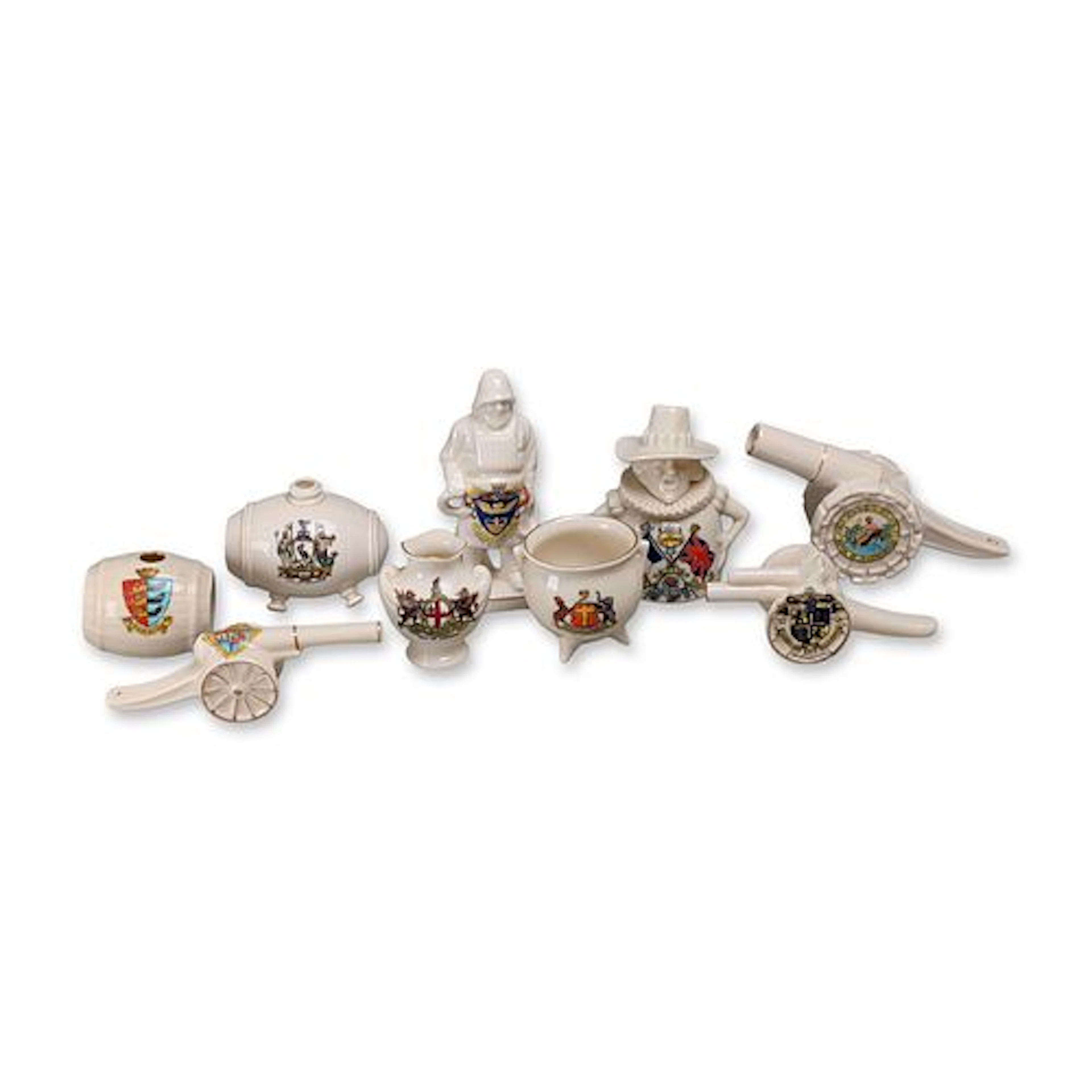 9pc British Crested Porcelain Souvenir Ware Figurines and Miniature Objects