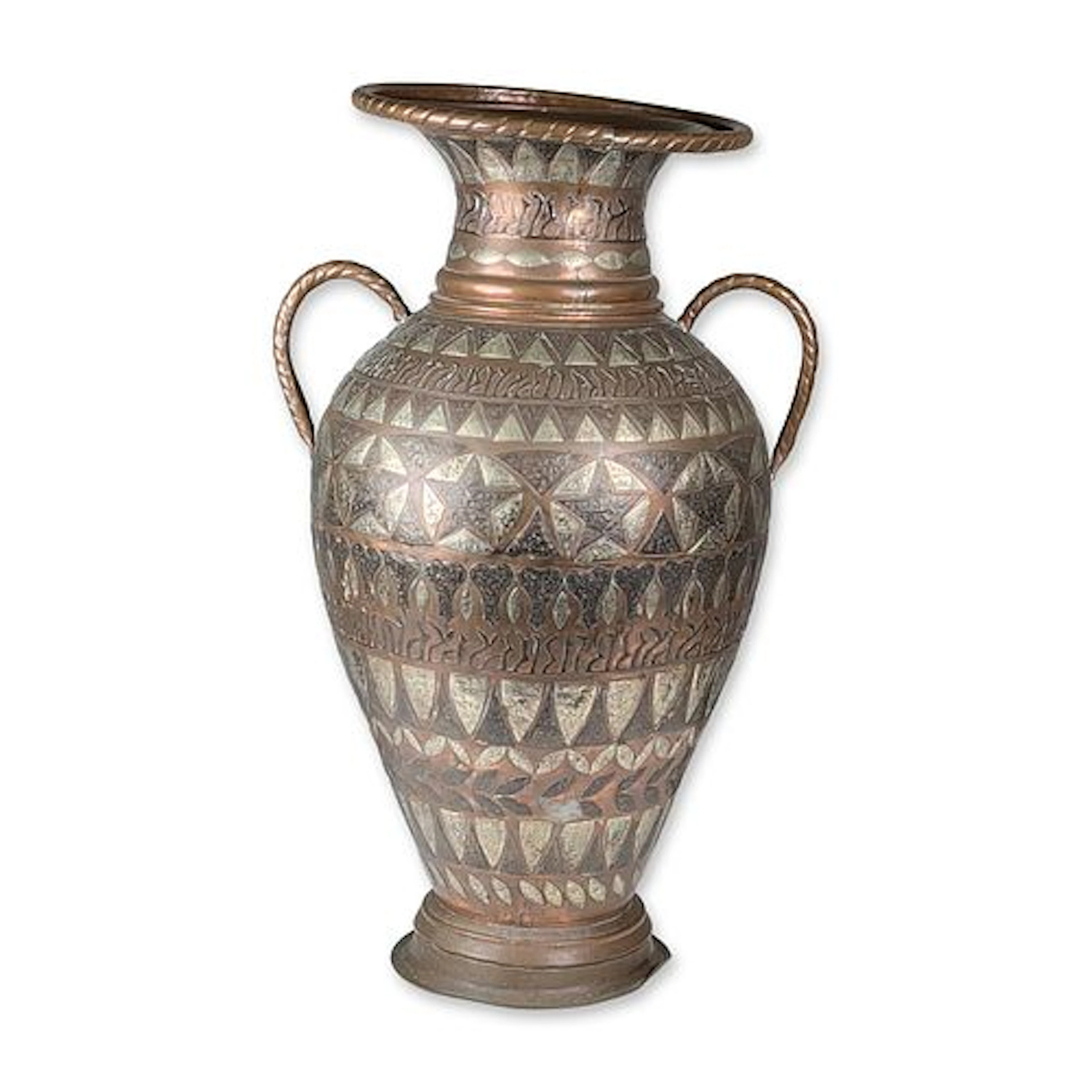 Large Mamluk Style Mixed Metal Two Handled Copper Amphora Vase