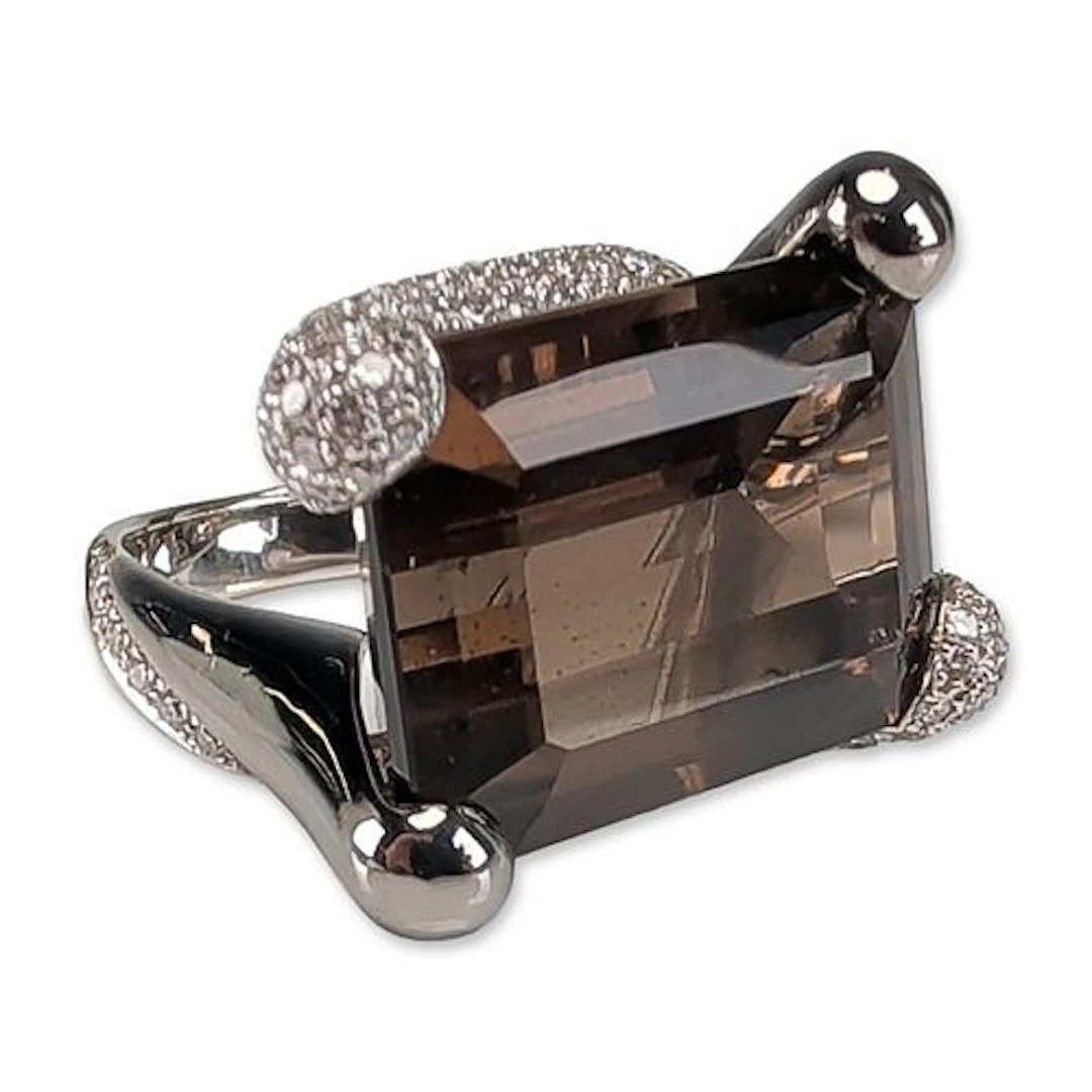 18K White Gold 25ct Smoky Quartz & Diamond Cocktail Ring