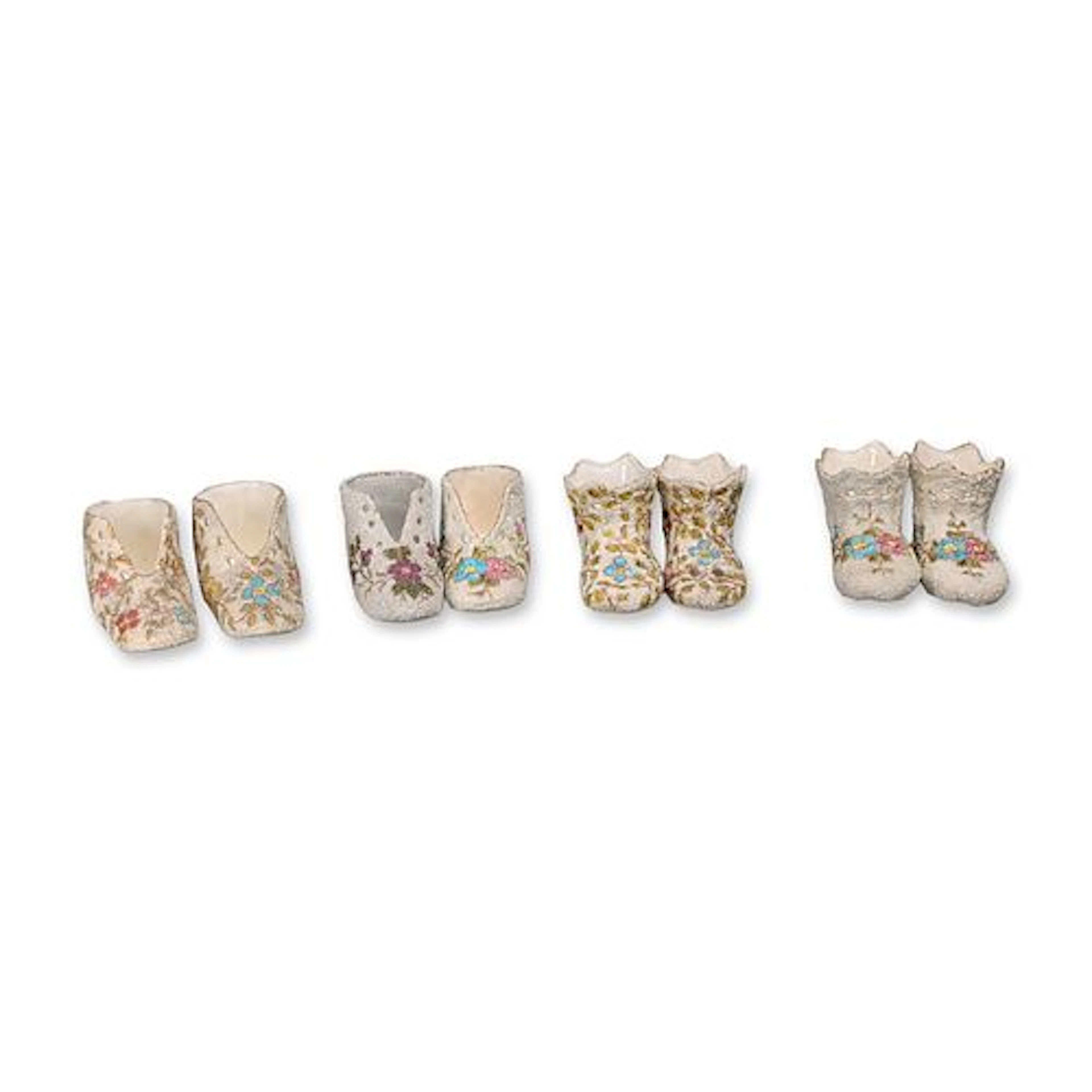 Group of Sand Encrusted Porcelain Floral Boot Figurines
