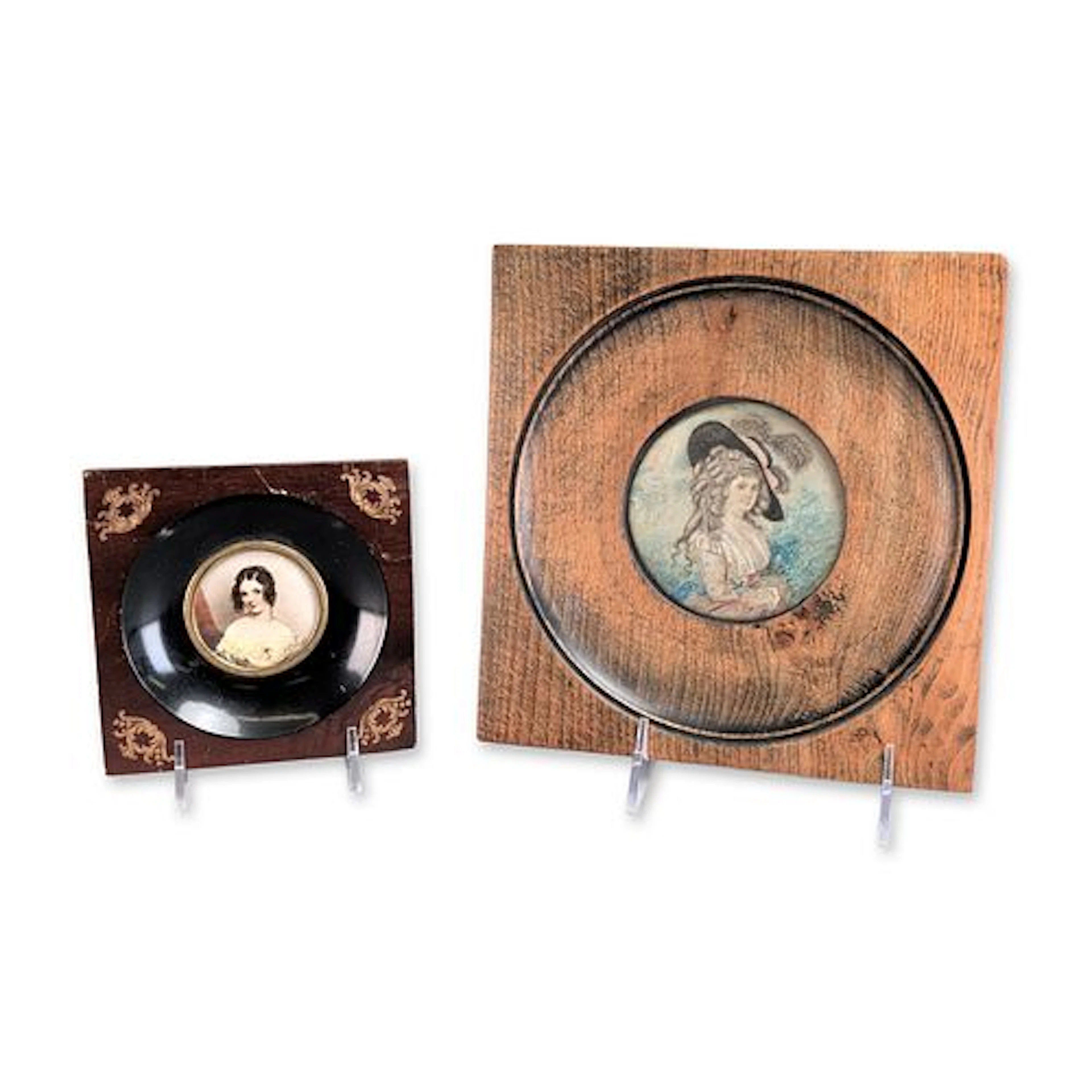 2pc French Hand-Painted Gouache Miniature Portraits of Aristocratic Ladies