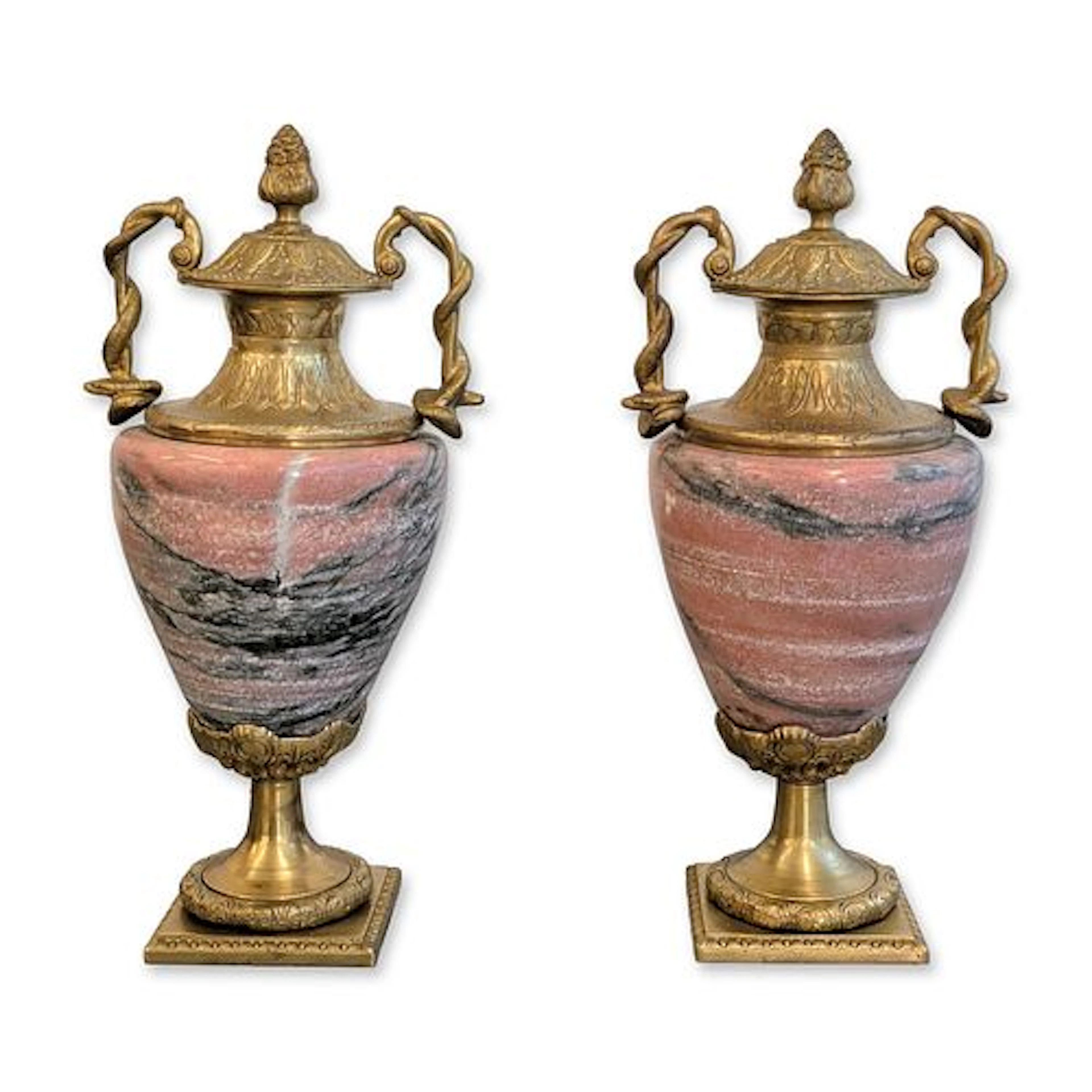Pair of Louis XVI Style Monumental Marble and Gilt Metal Urns