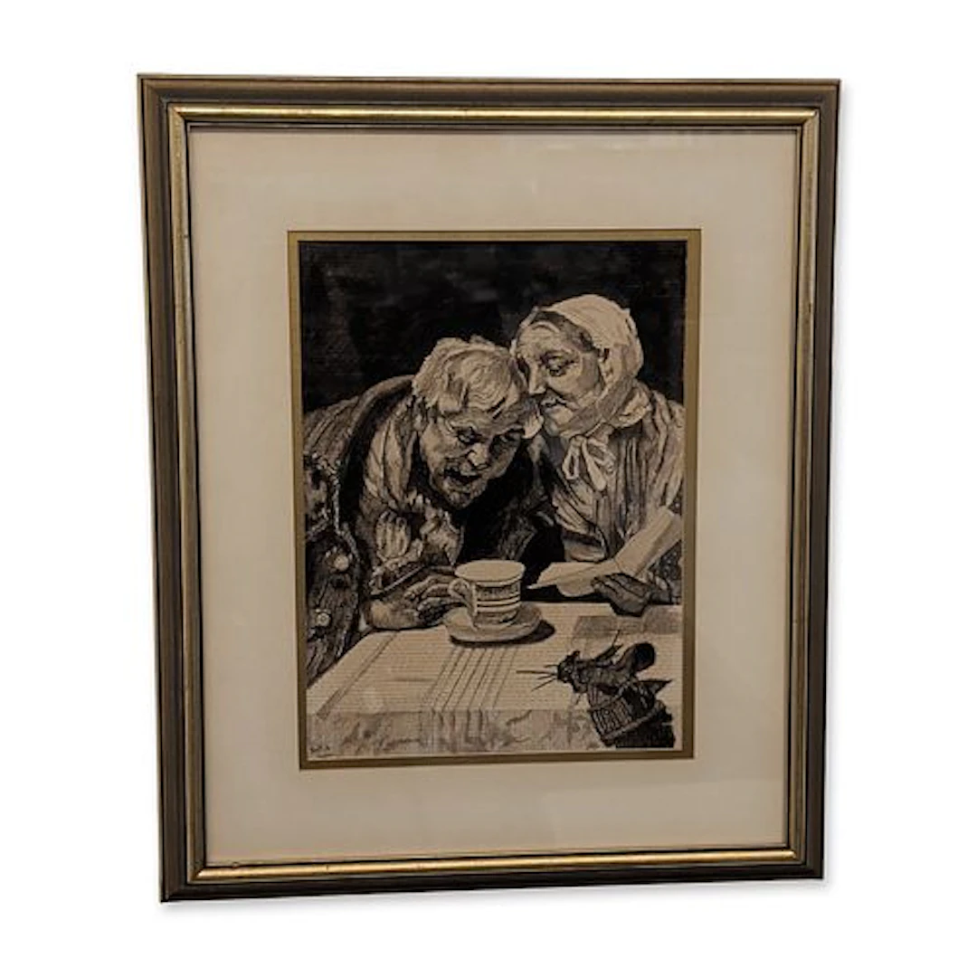 After Karl Gussow (German 1843-1907) Etching on Paper, Elderly Couple, Signed