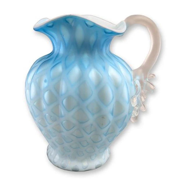 Victorian Blue Mother of Pearl Diamond Quilted Art Glass Pitcher