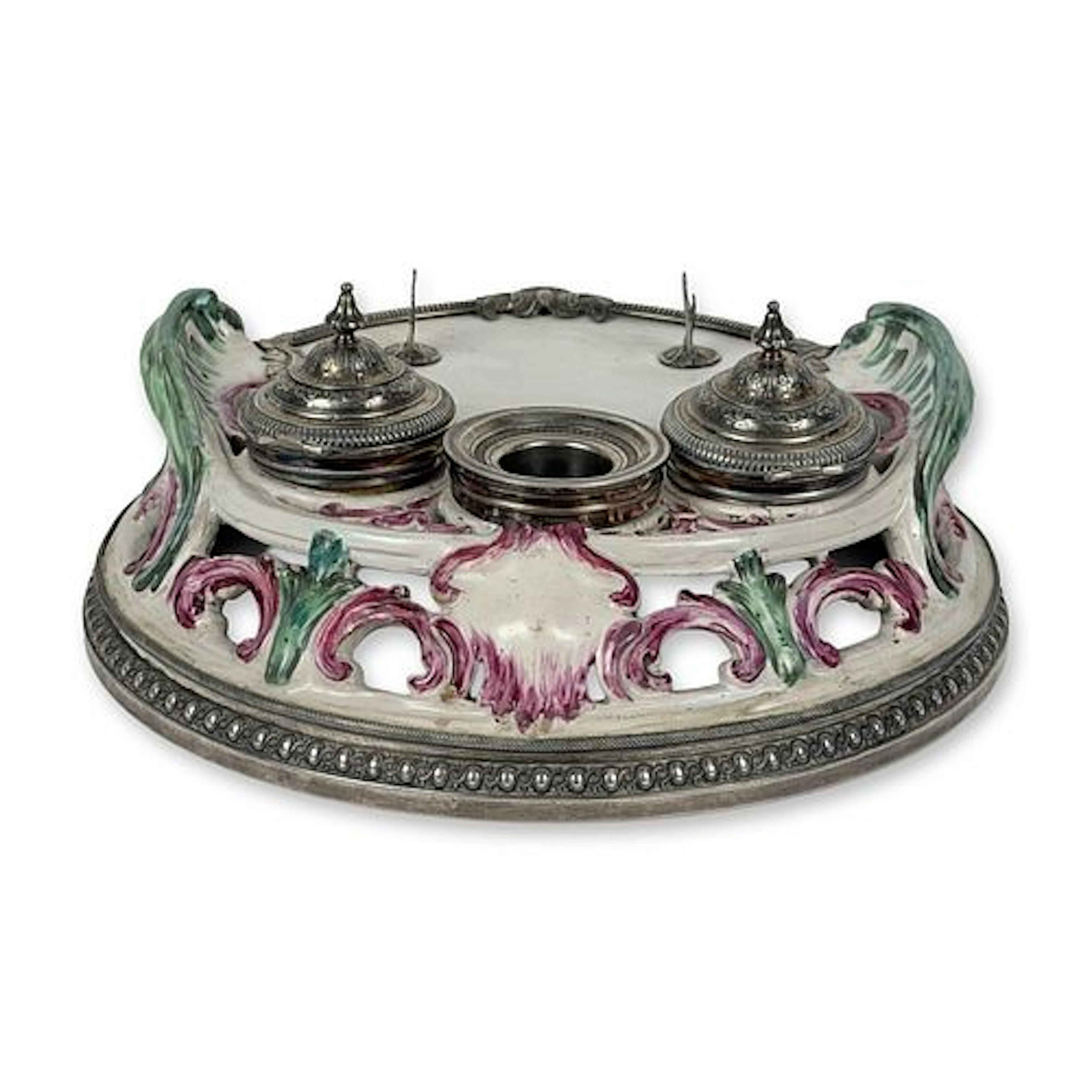 Fine French Rococo Revival Porcelain and Silver-Mounted Inkstand (Ecritoire)