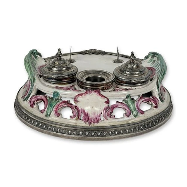 Fine French Rococo Revival Porcelain and Silver-Mounted Inkstand (Ecritoire)