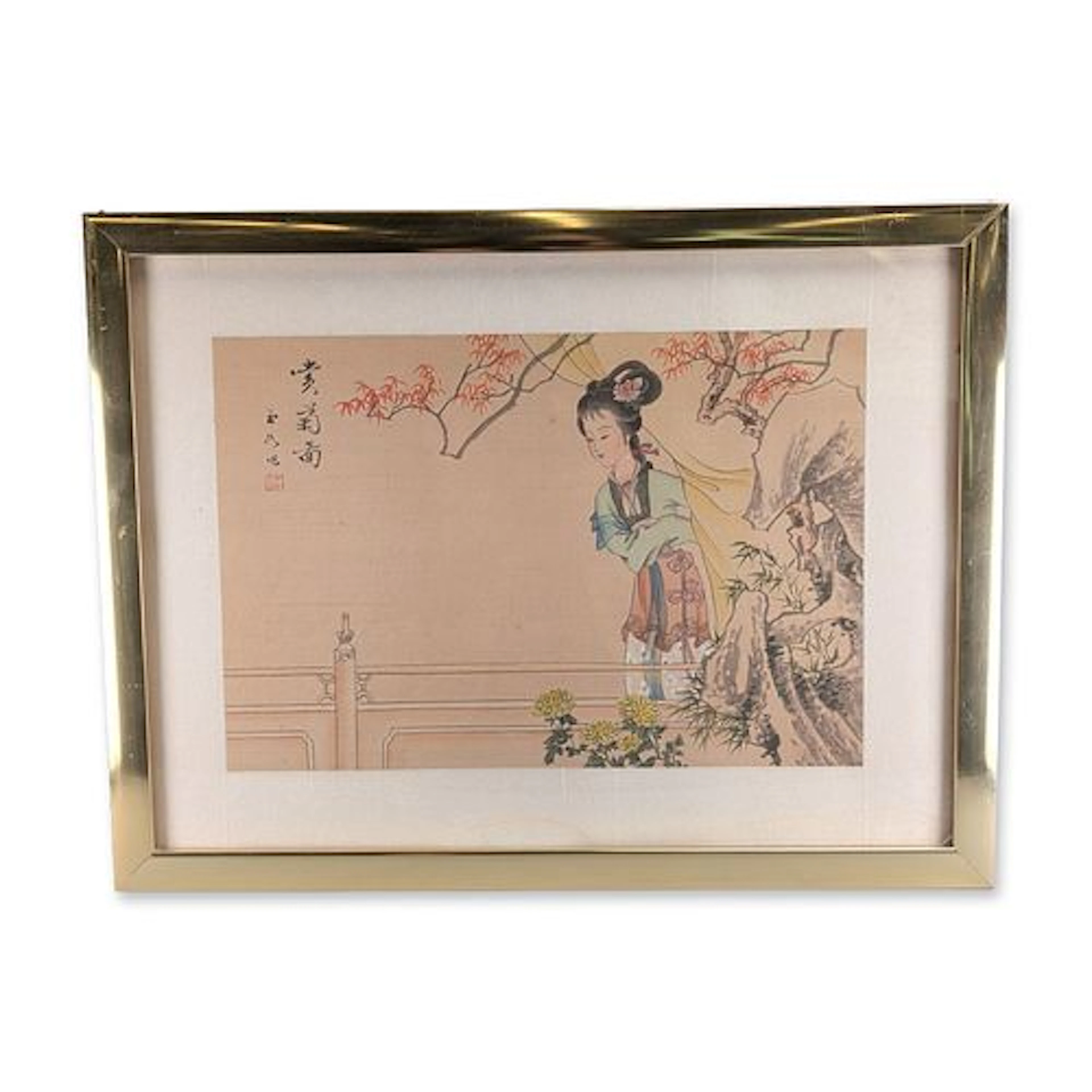 Chinese Gongbi Style Painting of Maiden in Spring Landscape, Signed w/ Seal