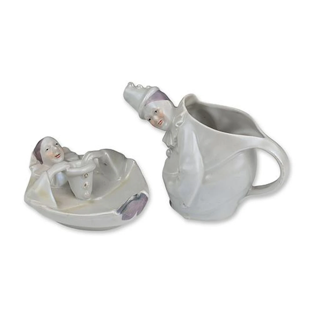 2pc Royal Bayreuth Porcelain Pierrot Figurine Creamer and Ashtray