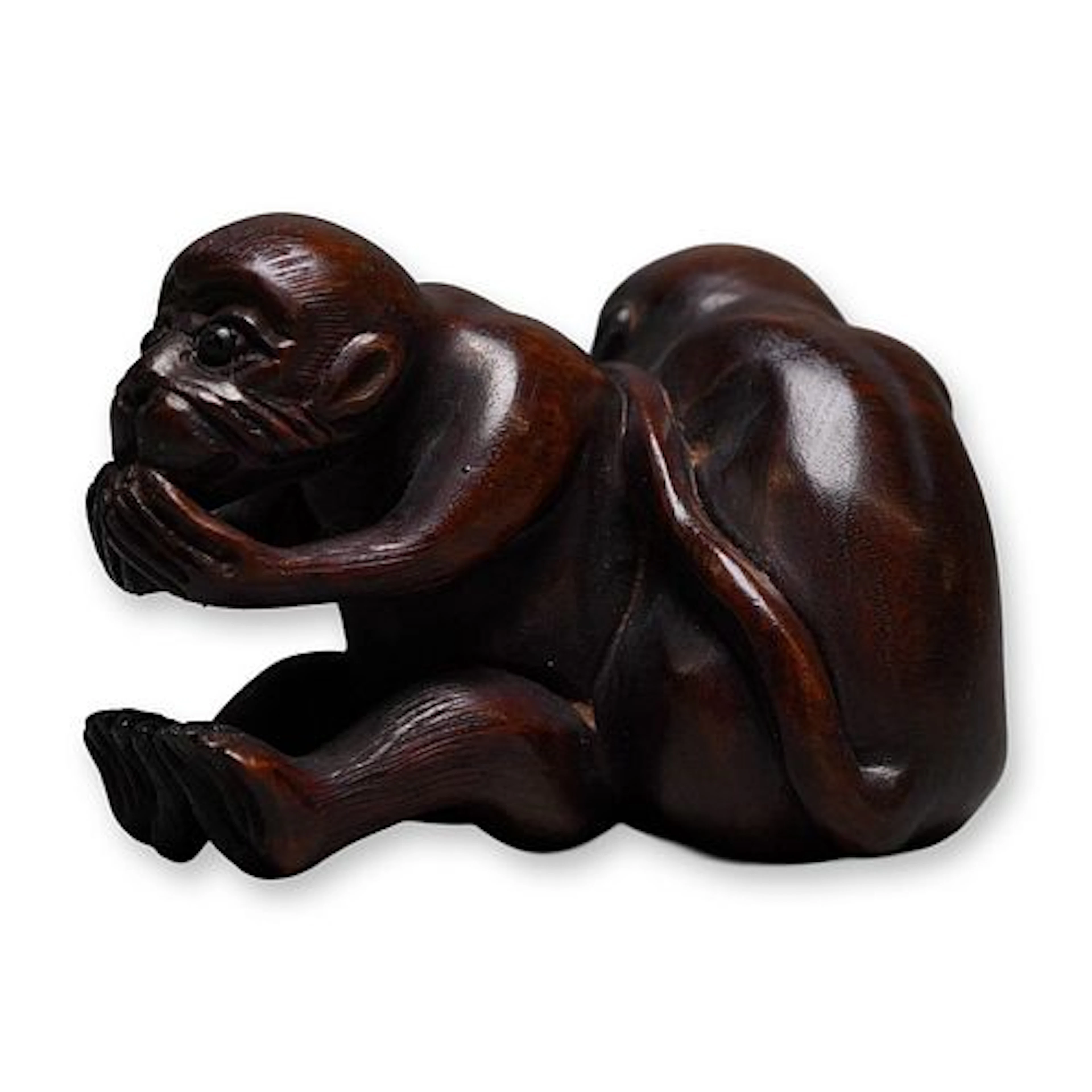 Wood Netsuke, Two Monkeys with Inlaid Eyes