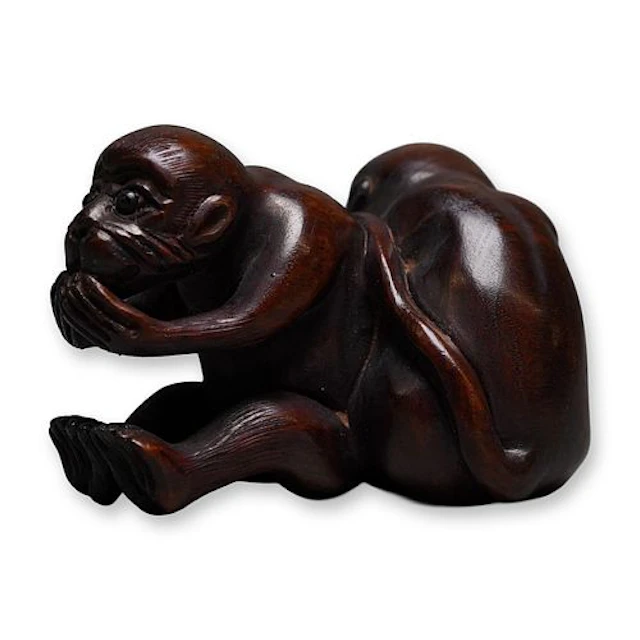 Japanese Wood Netsuke of Two Monkeys with Inlaid Eyes