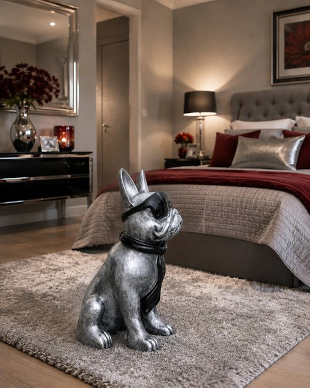 Statue, funny dog with sunglasses in silver bronze color - 60 cm - polyresin