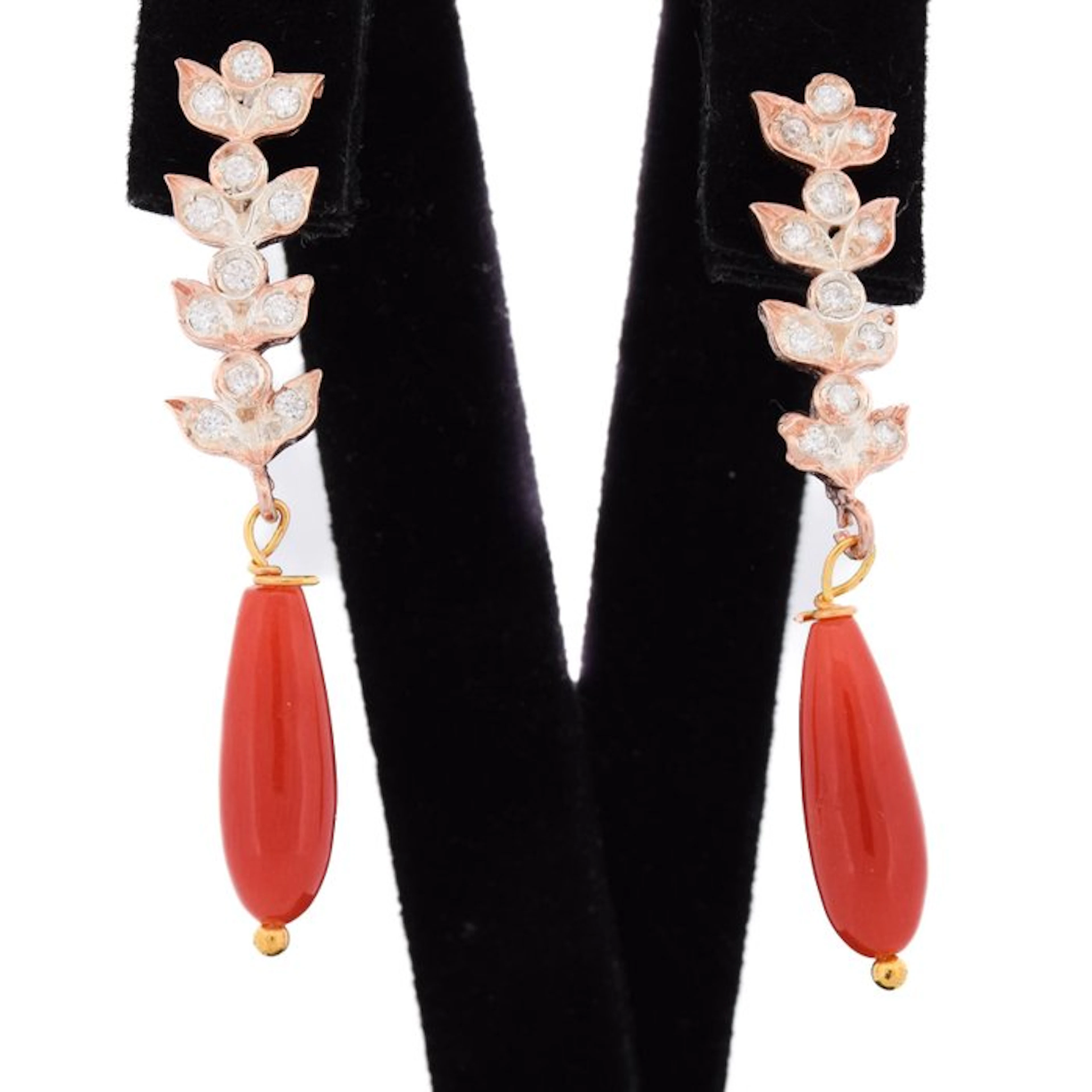 No reserve price - Earrings - 9 kt. Rose gold - 0.50ct. tw. Coral - Diamond