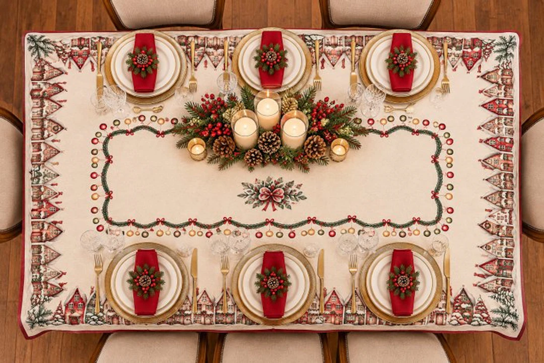 “The Enchanted Village” – A Christmas tablecloth among...