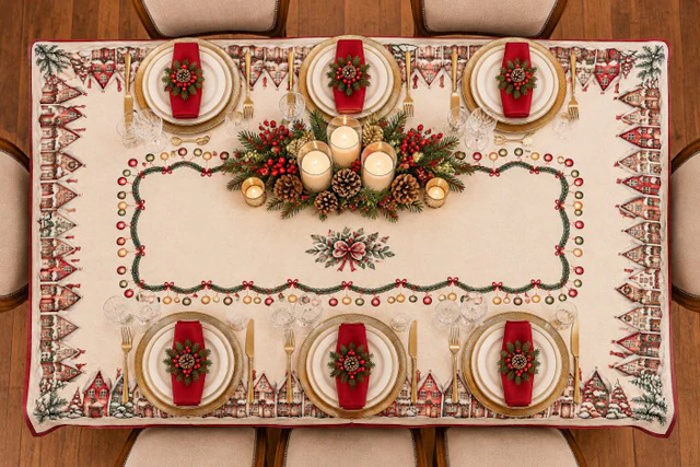 “The Enchanted Village” – A Christmas tablecloth among...