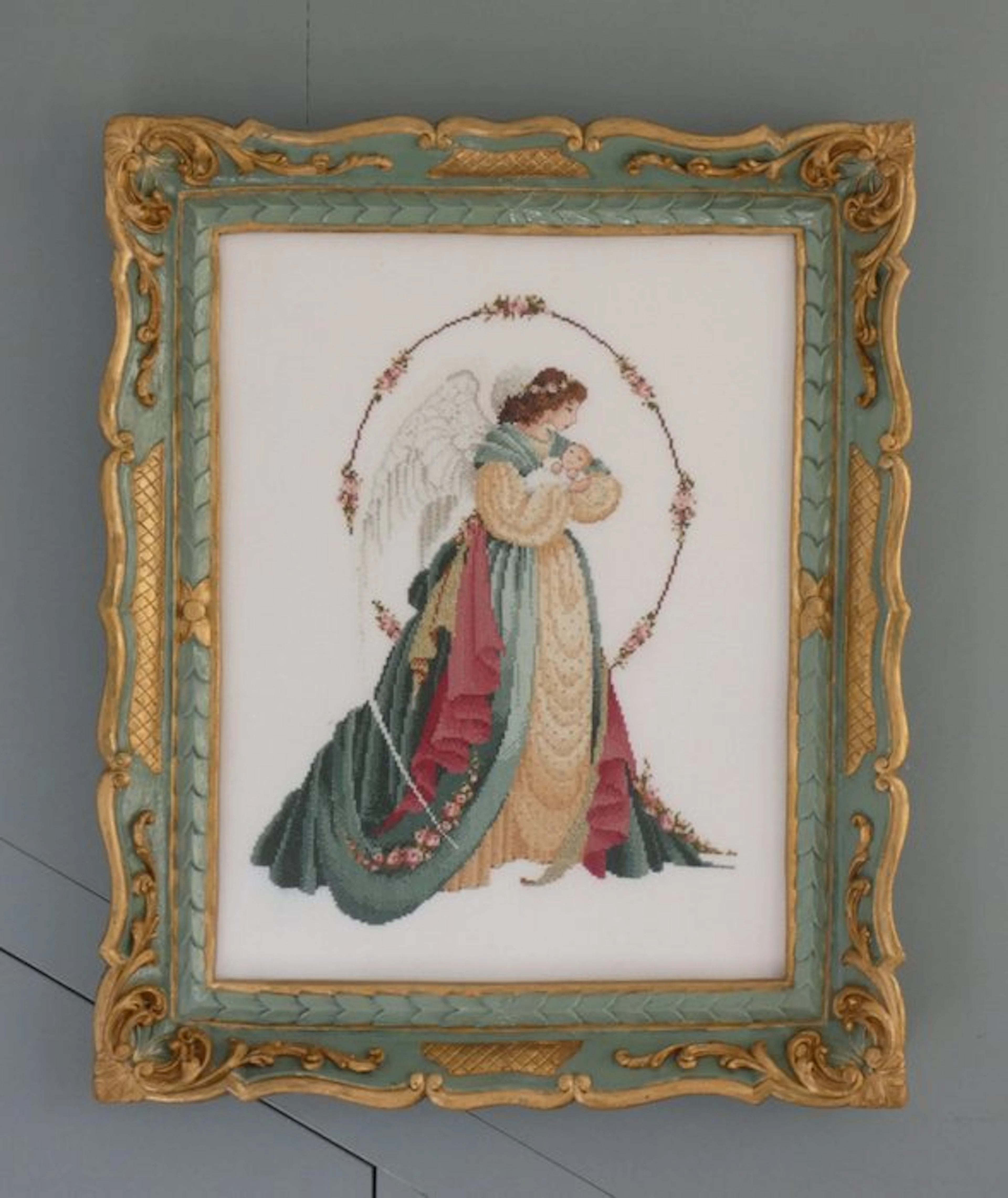 Frame- Wall decoration - Wood, Glass, Textile - Guardian Angel - 47.5 x 57.5 cm
