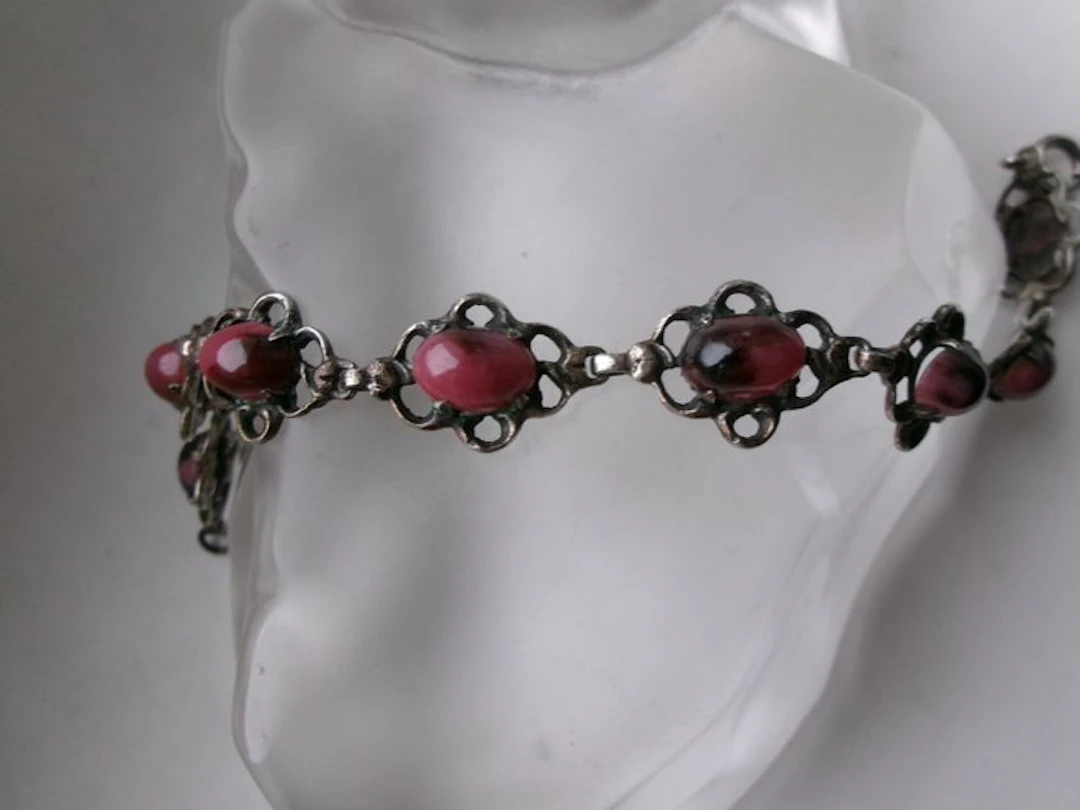 Silver, Rhodonite - Bracelet - Art Deco