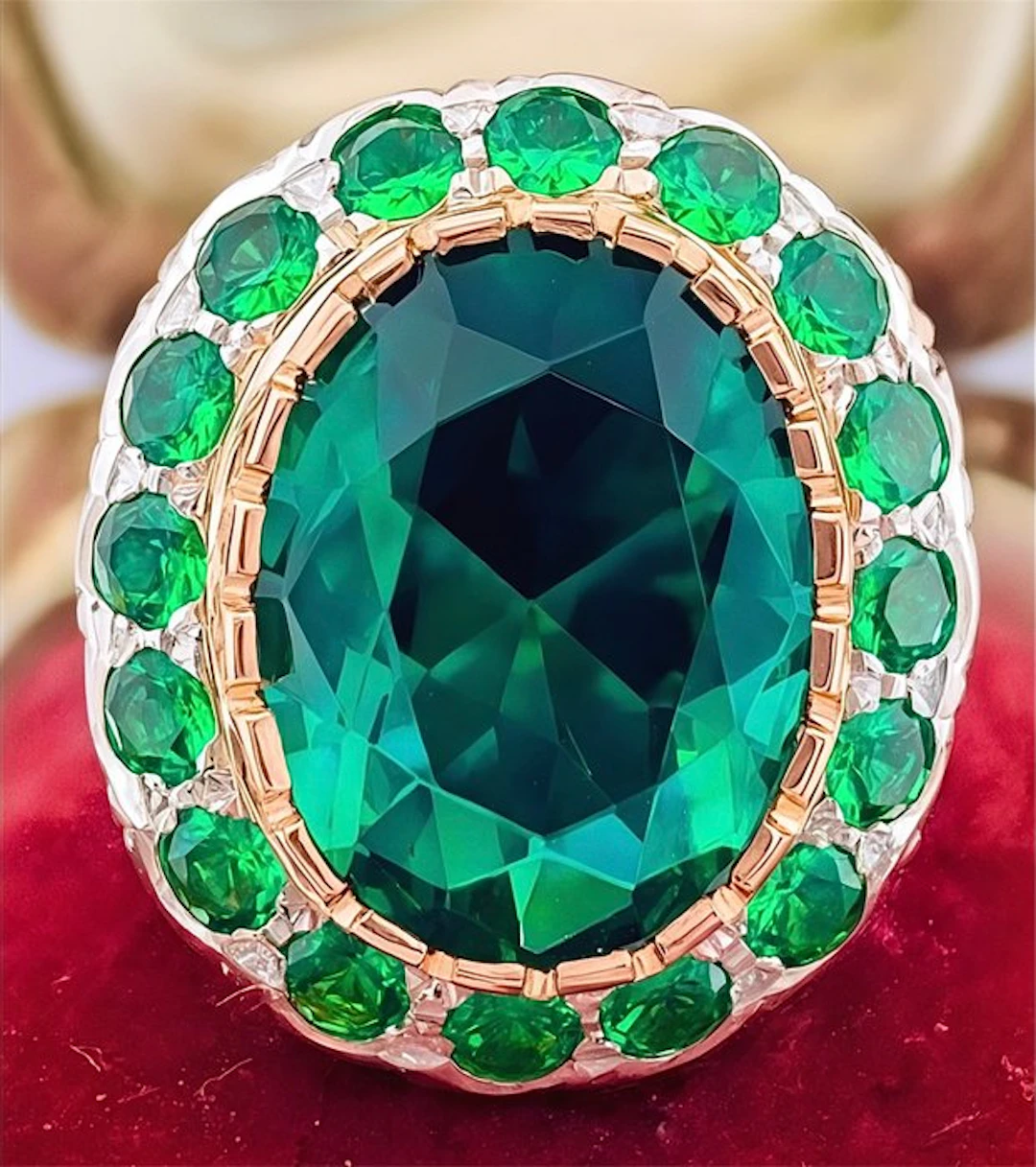 No reserve price - Ring - 9 kt. Rose gold, Silver Emerald - Emerald
