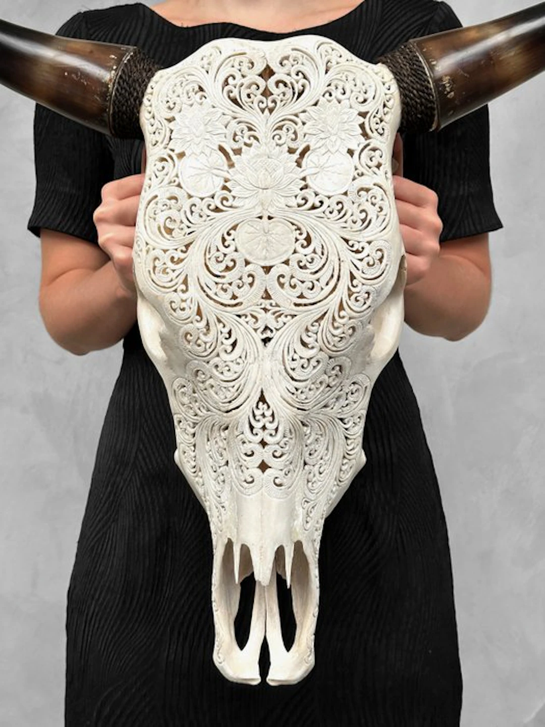 NO RESERVE PRICE -Authentic White Hand-Carved Bull Skull...