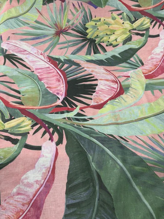Tropical Hues 100% Linen Tropical Leaf Pink Background...