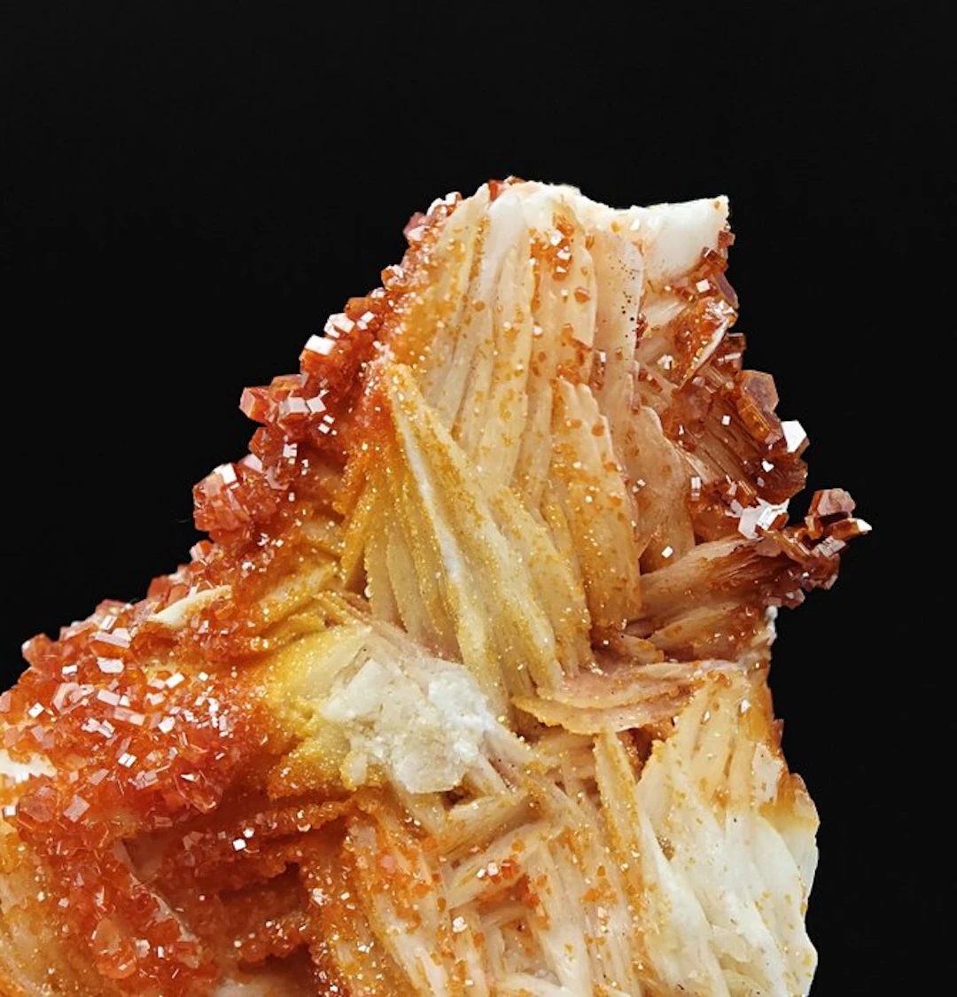 Blood-red vanadinite on white barite Crystals on matrix...