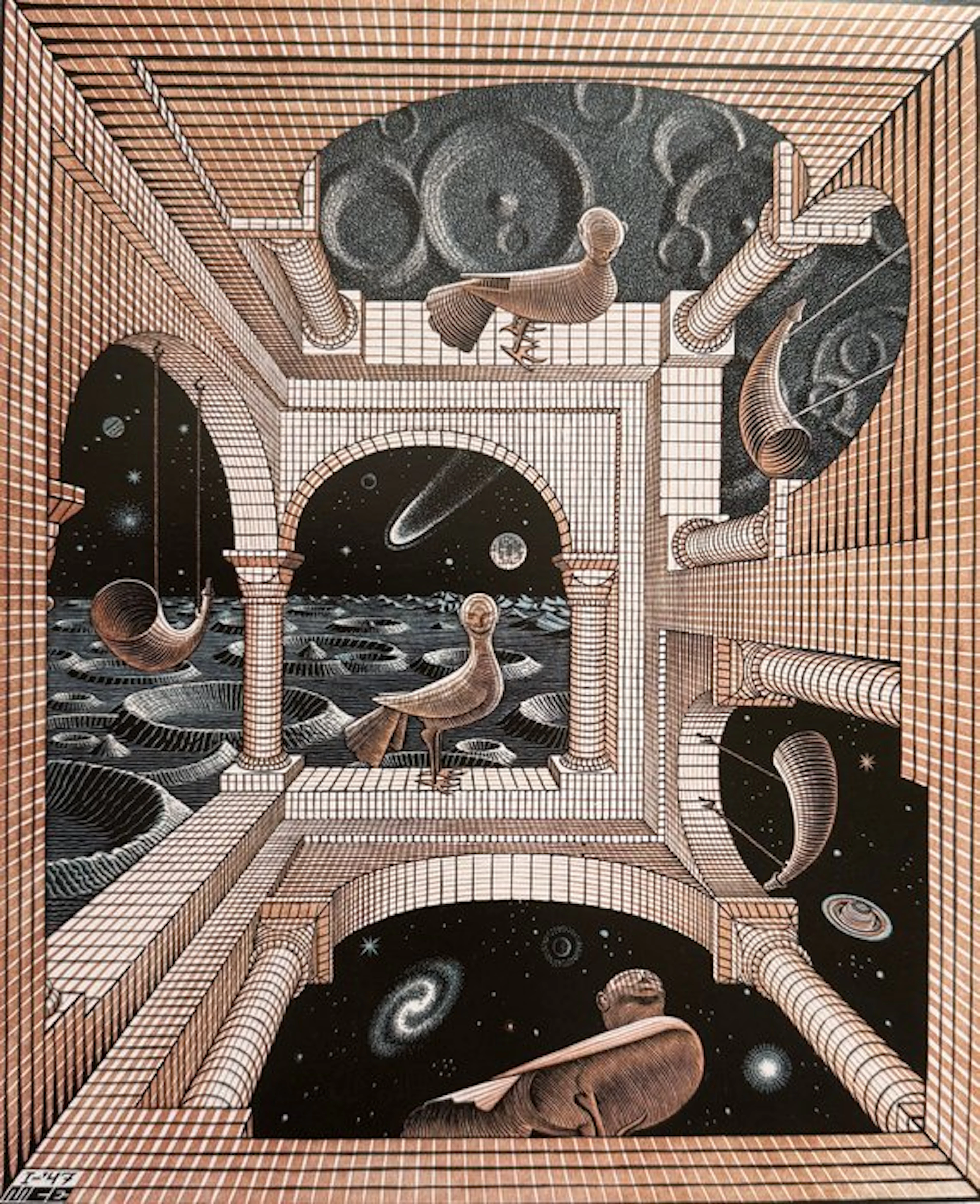 M.C. Escher - “OTHER WORLD, 1947”. Gedateerd en gesigneerd in de plaat.