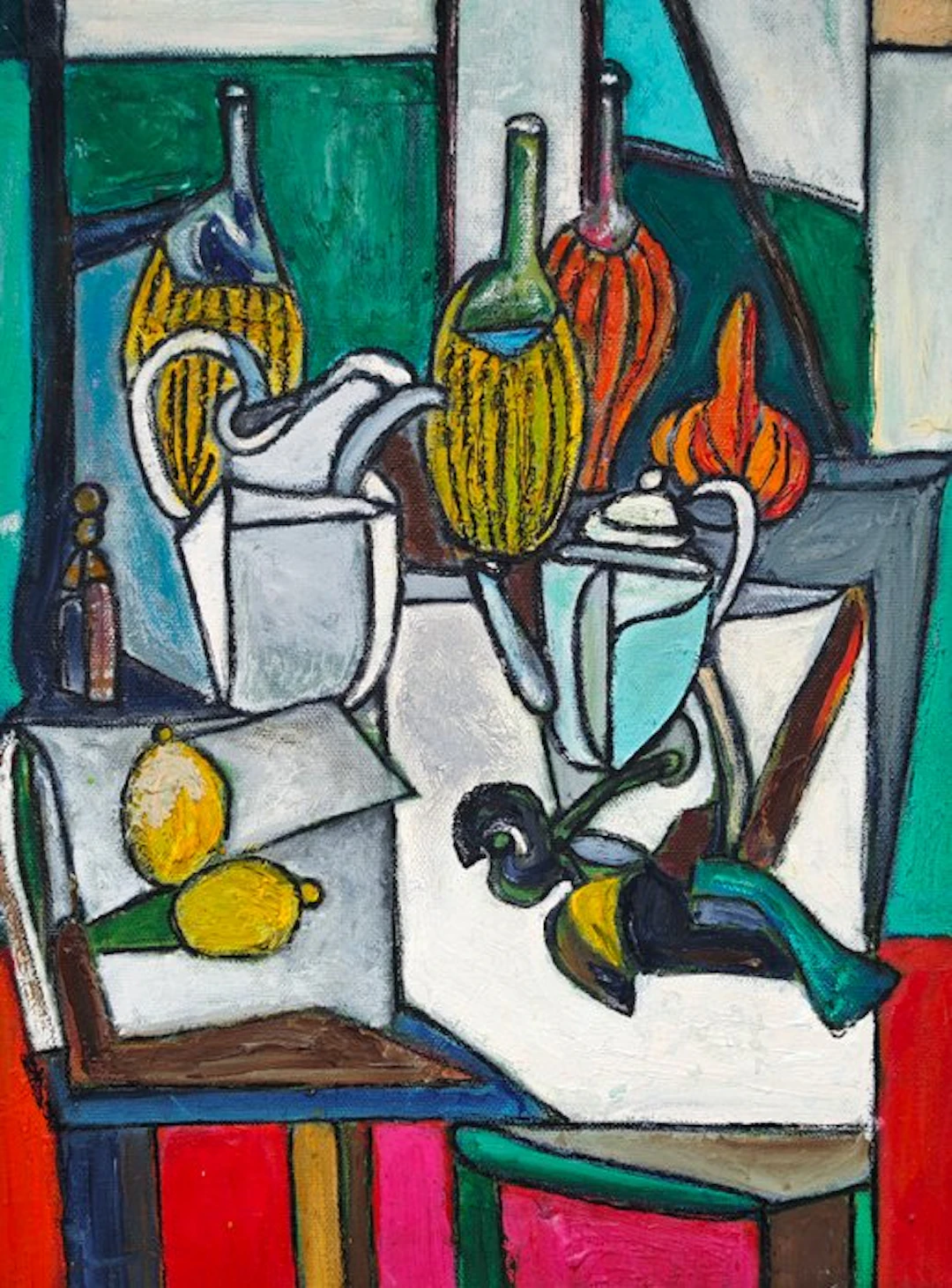École postcubiste (XX) - Nature morte aux bouteilles et citrons - NO RESERVE