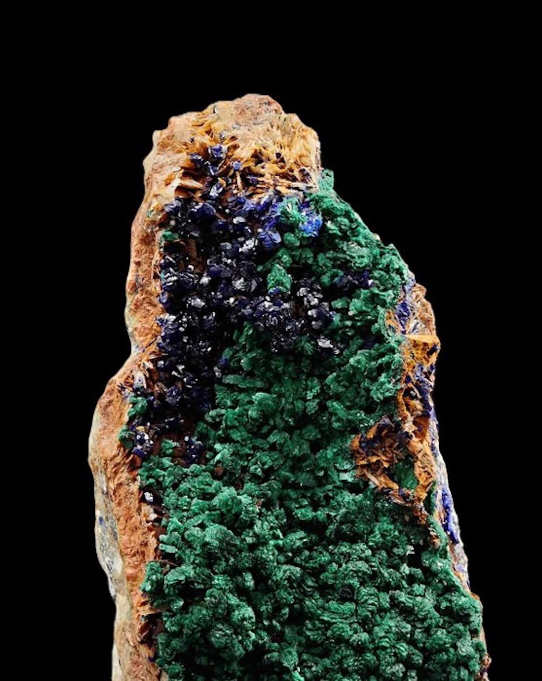 Azurite with green malachite on barite