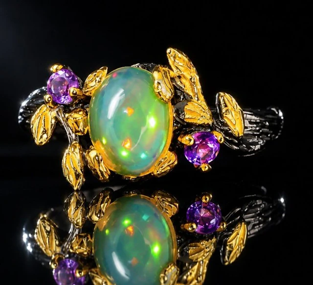 925 silver, partially gold-plated, opal, amethyst - Ring