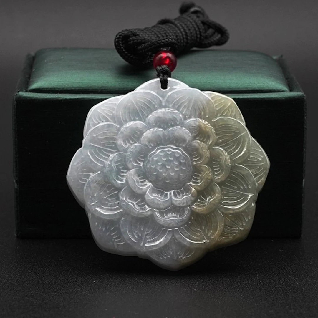 NGTC Certified Natural Jadeite Carving Pendant - Lotus Flower Design