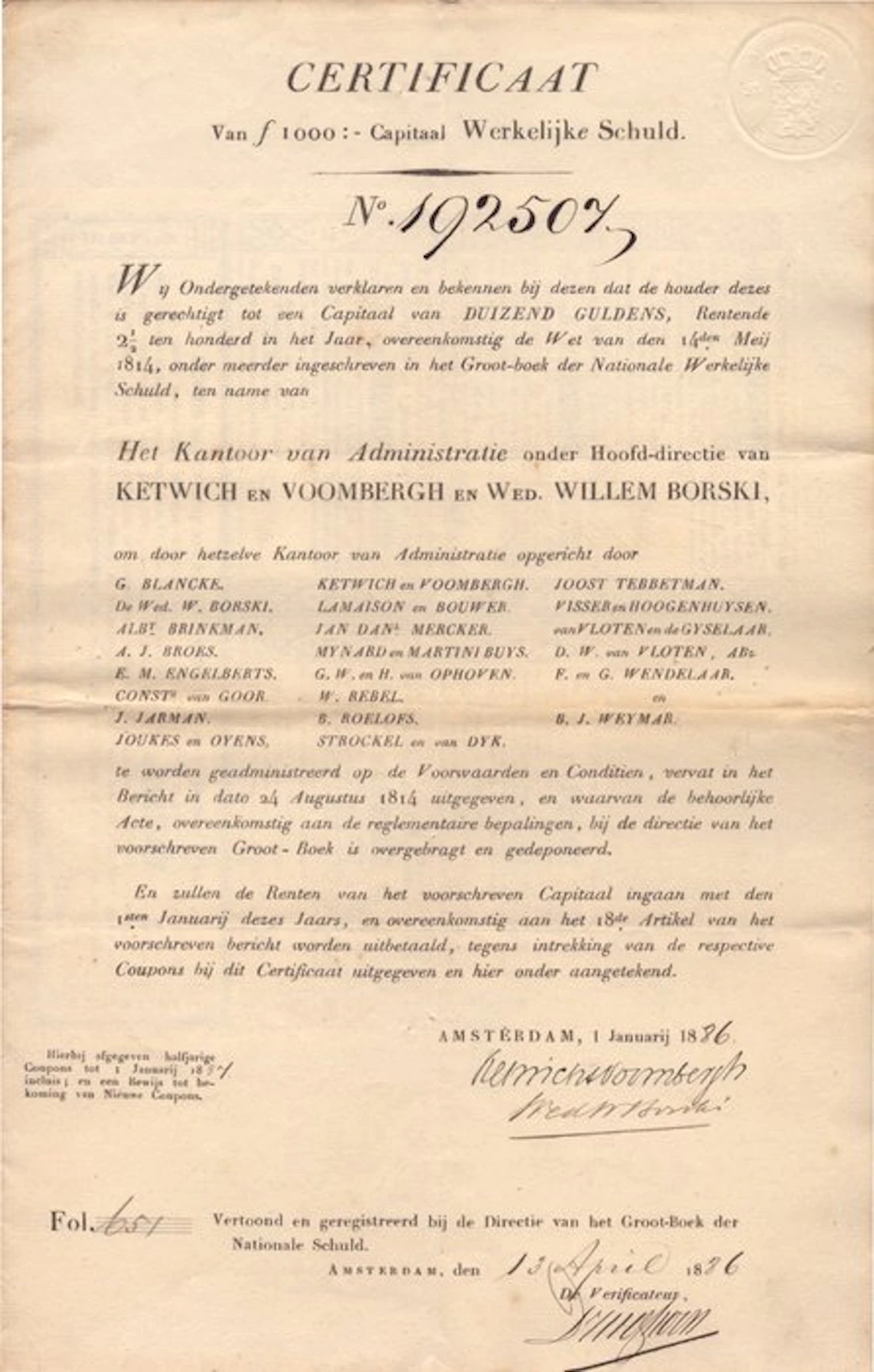 Netherlands. Werkelijke Schuld - Certificaat 1000 gulden 1886 (No