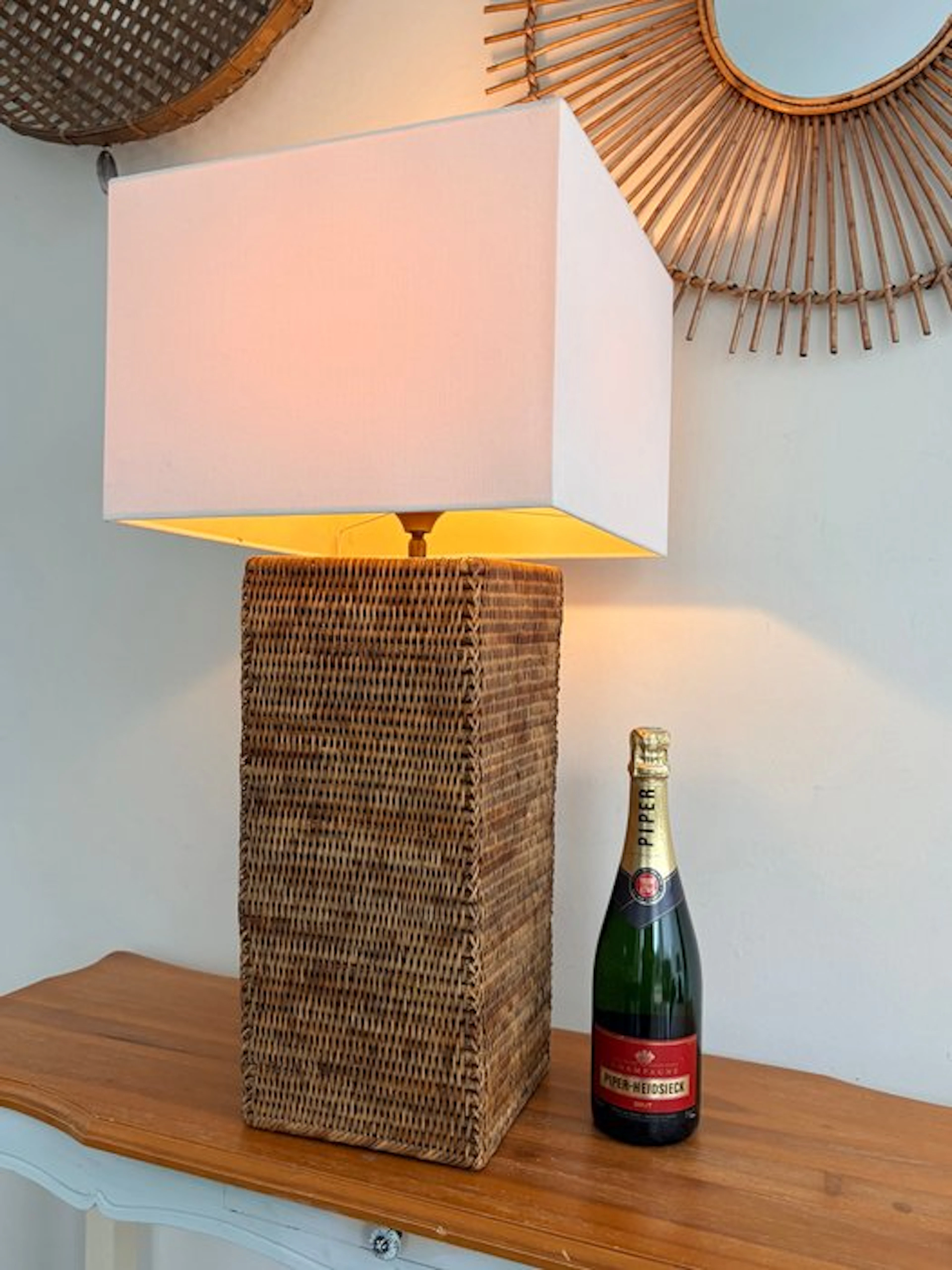 Table lamp - XXL Vintage Burmese Wicker & Rattan Column Table Lamp - Rattan