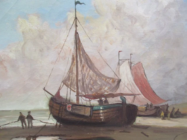 Hubert Dooms ( 1912 - ? ) - Vissersloepen en vissers op het strand