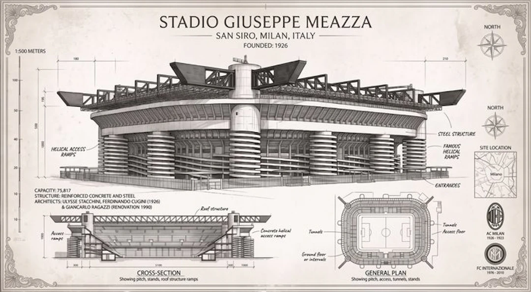 OrtsAtelier - Architecturale Blauwdruk Poster Stadio...