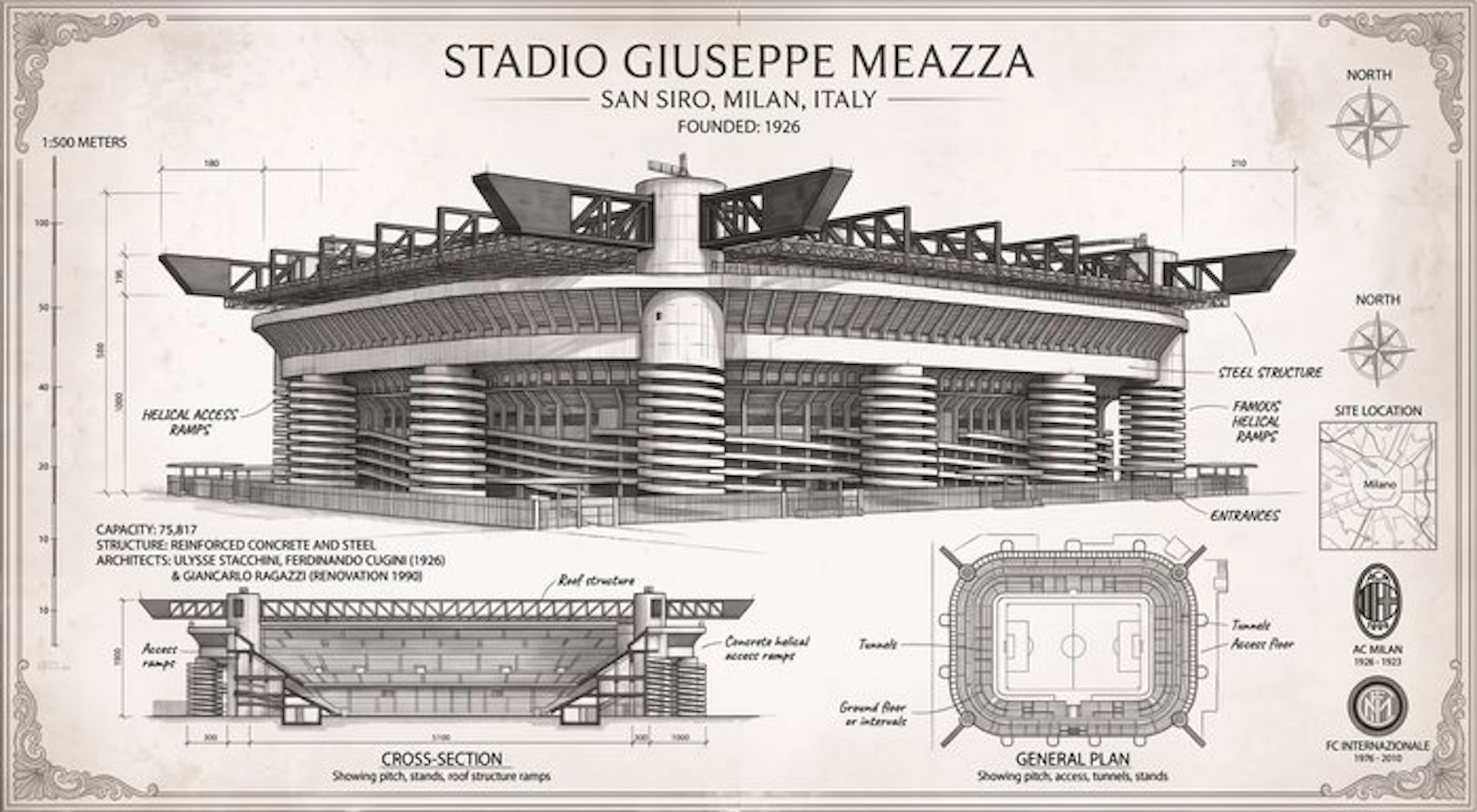 OrtsAtelier - Architecturale Blauwdruk Poster Stadio...