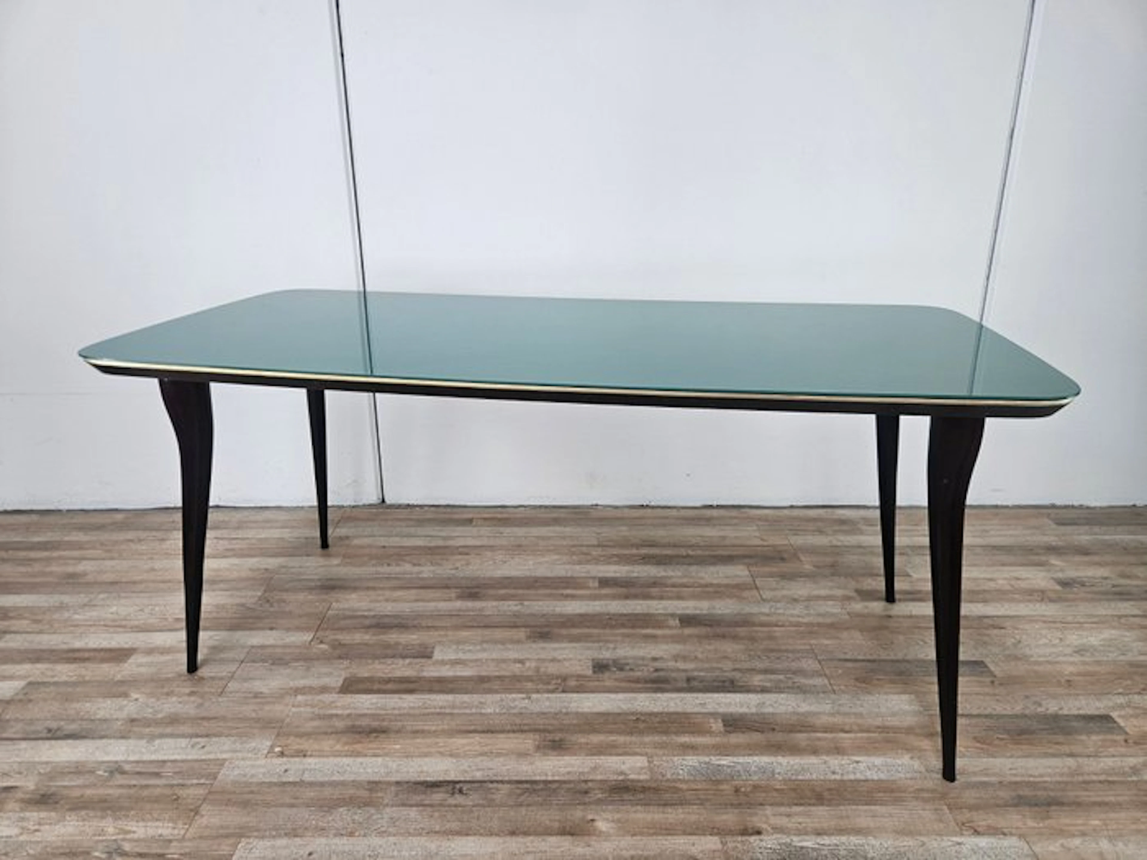 Table - Mahogany dining table with a green glass top. - Mahogany, Glass, Brass