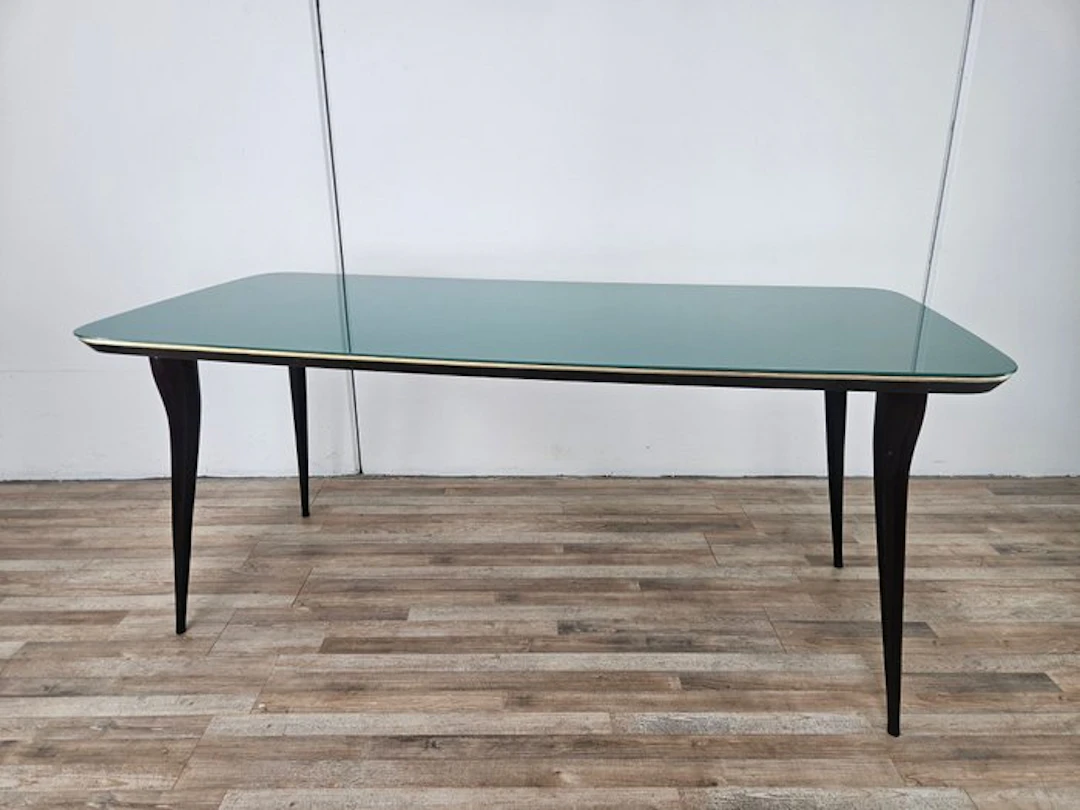 Table - Mahogany dining table with a green glass top. - Mahogany, Glass, Brass