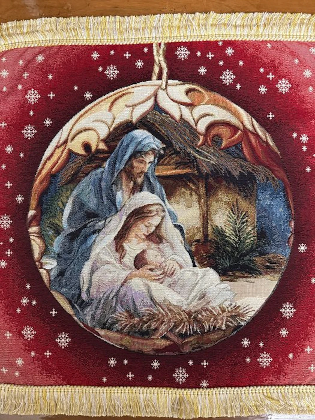 San Leucio rare Nativity tapestry in a Christmas ornament...