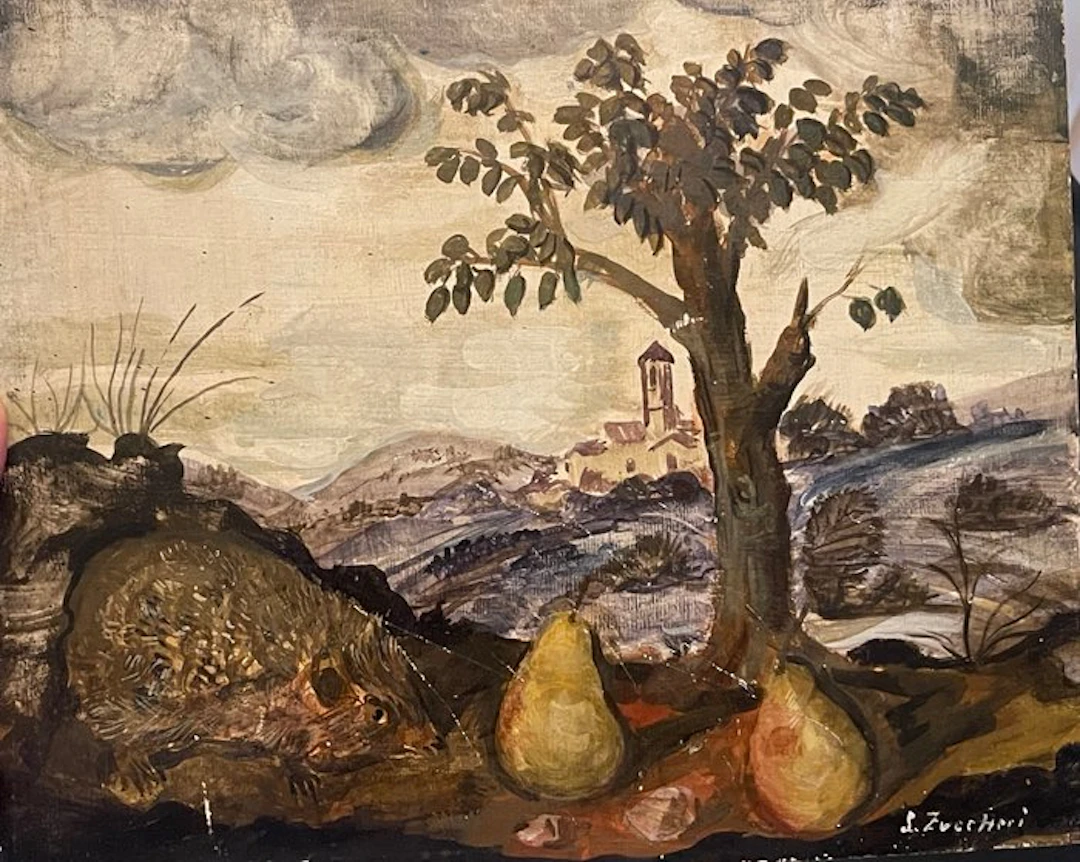 Luigi Zuccheri (1904-1974) - Due pere con riccio ed albero
