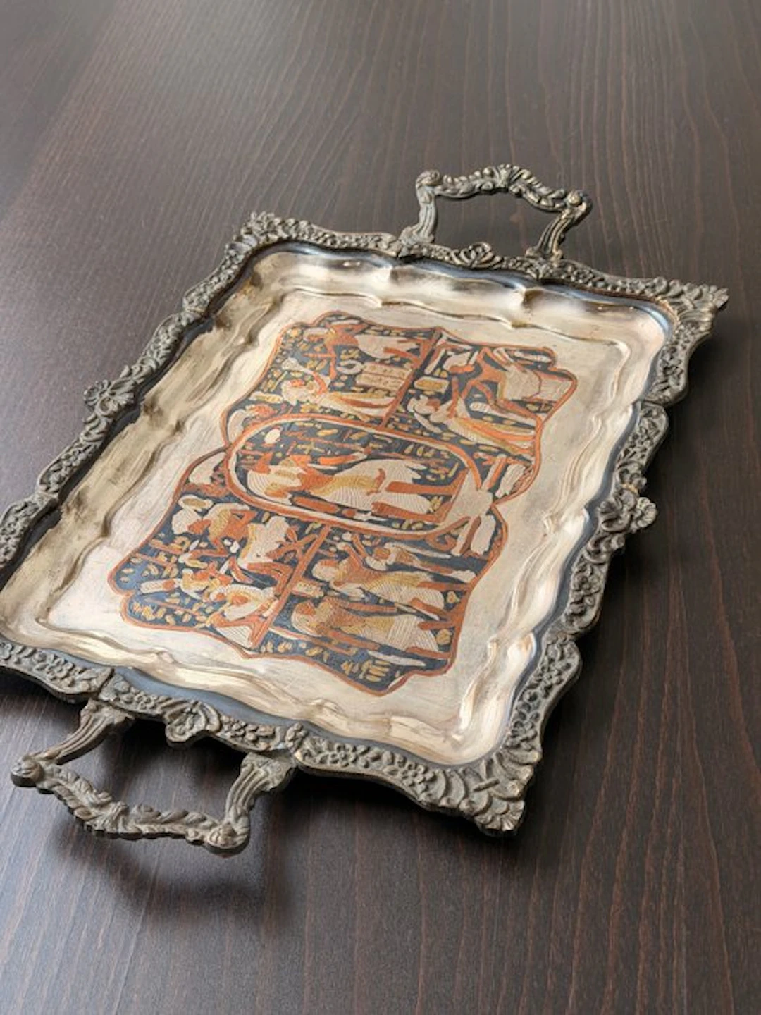Antique Egyptian Revival Tray with Ornate Frame and Handles - Tray - Metal