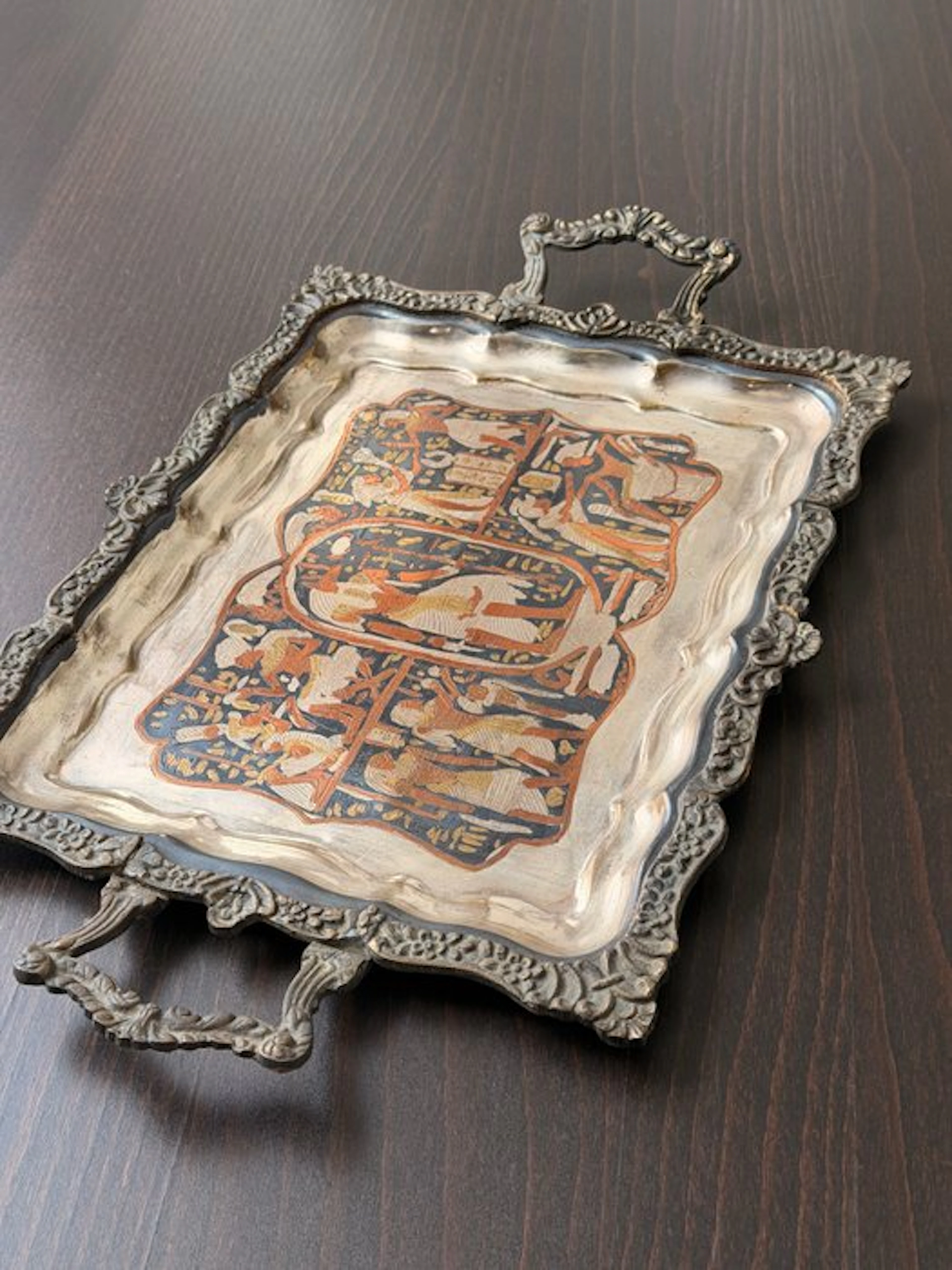 Antique Egyptian Revival Tray with Ornate Frame and Handles - Tray - Metal