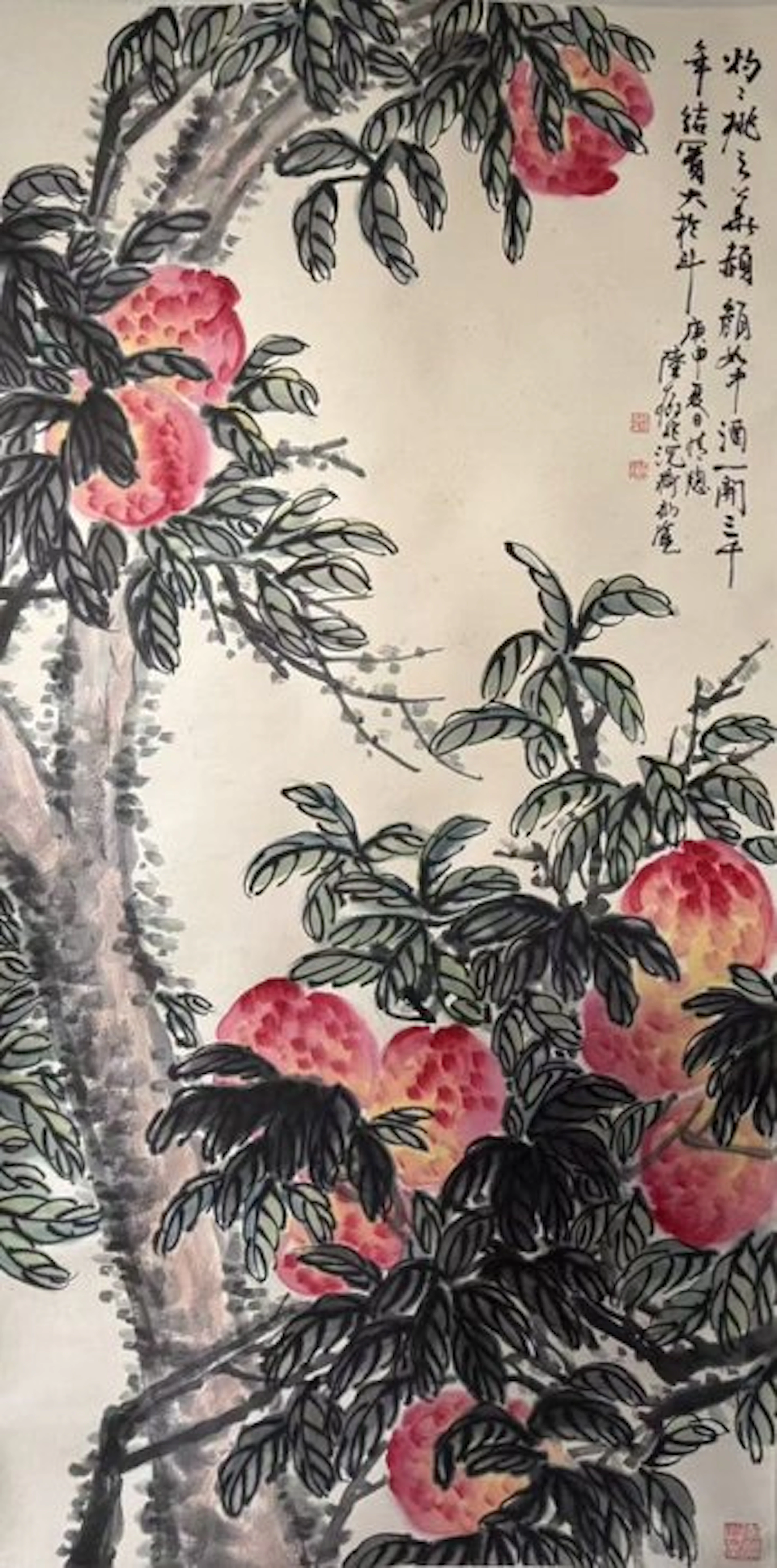 INK AND COLOR ON PAPER PAINTING 'PEACHES'《陆抑非-寿桃》 - Attributed to - China
