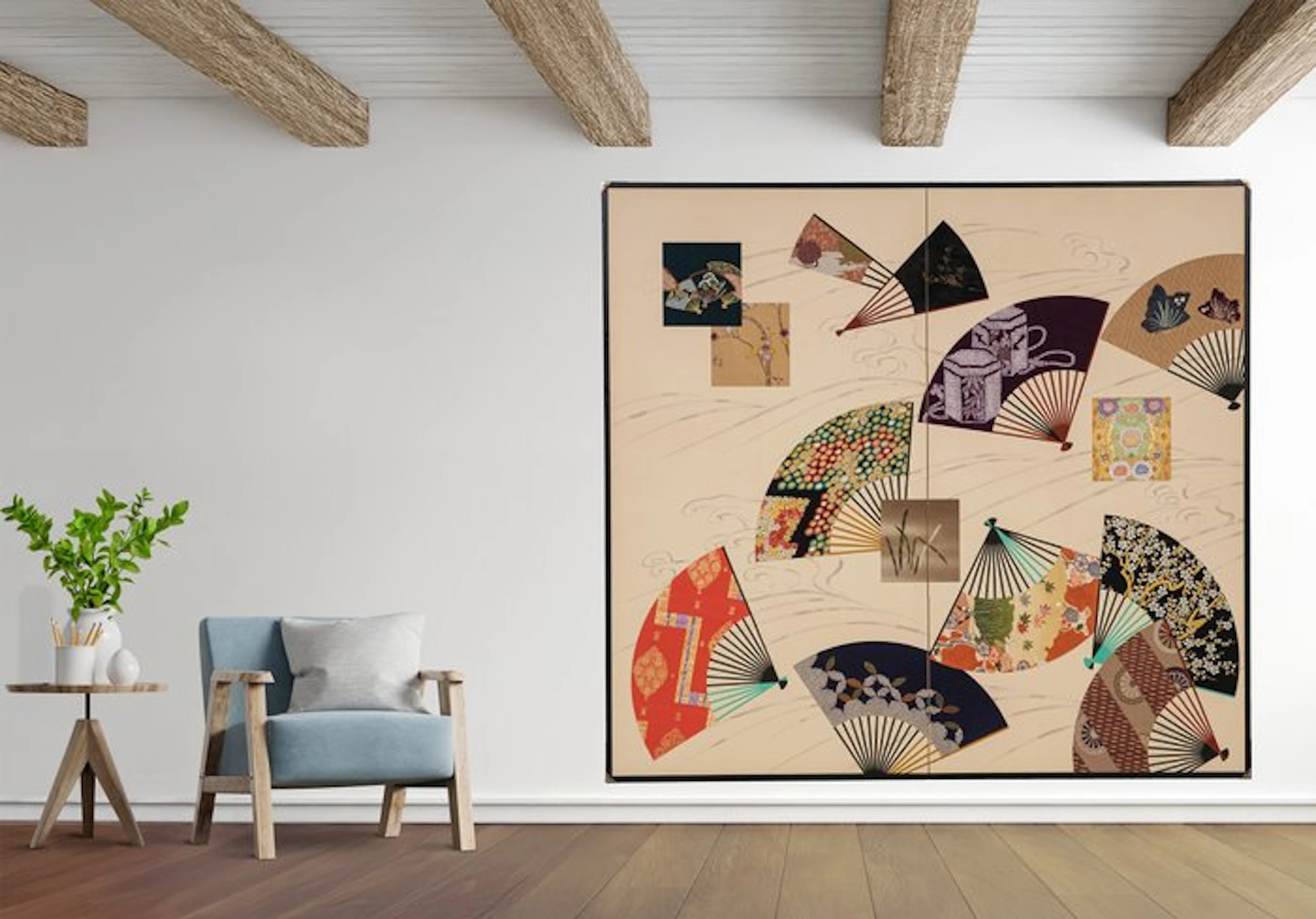 Byôbu 屏風 (folding screen) with nihon shishû 日本刺繍 (Japanese embroidery) - Wood