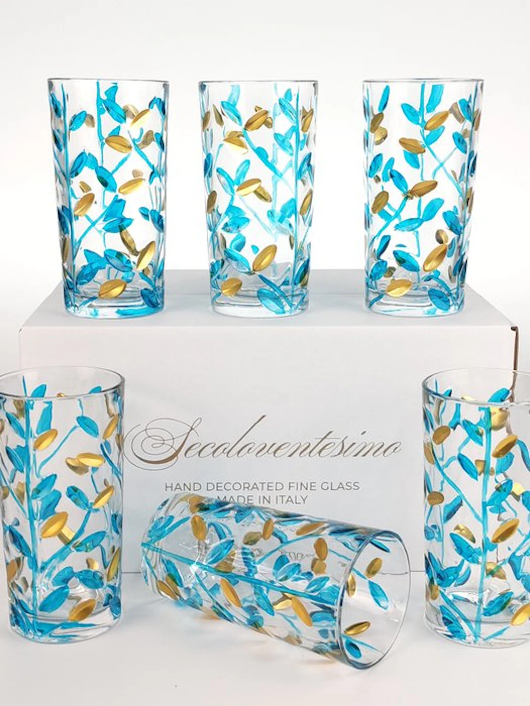 Secoloventesimo - Drinking service (6) - Leaves turq golden glass - Enamel