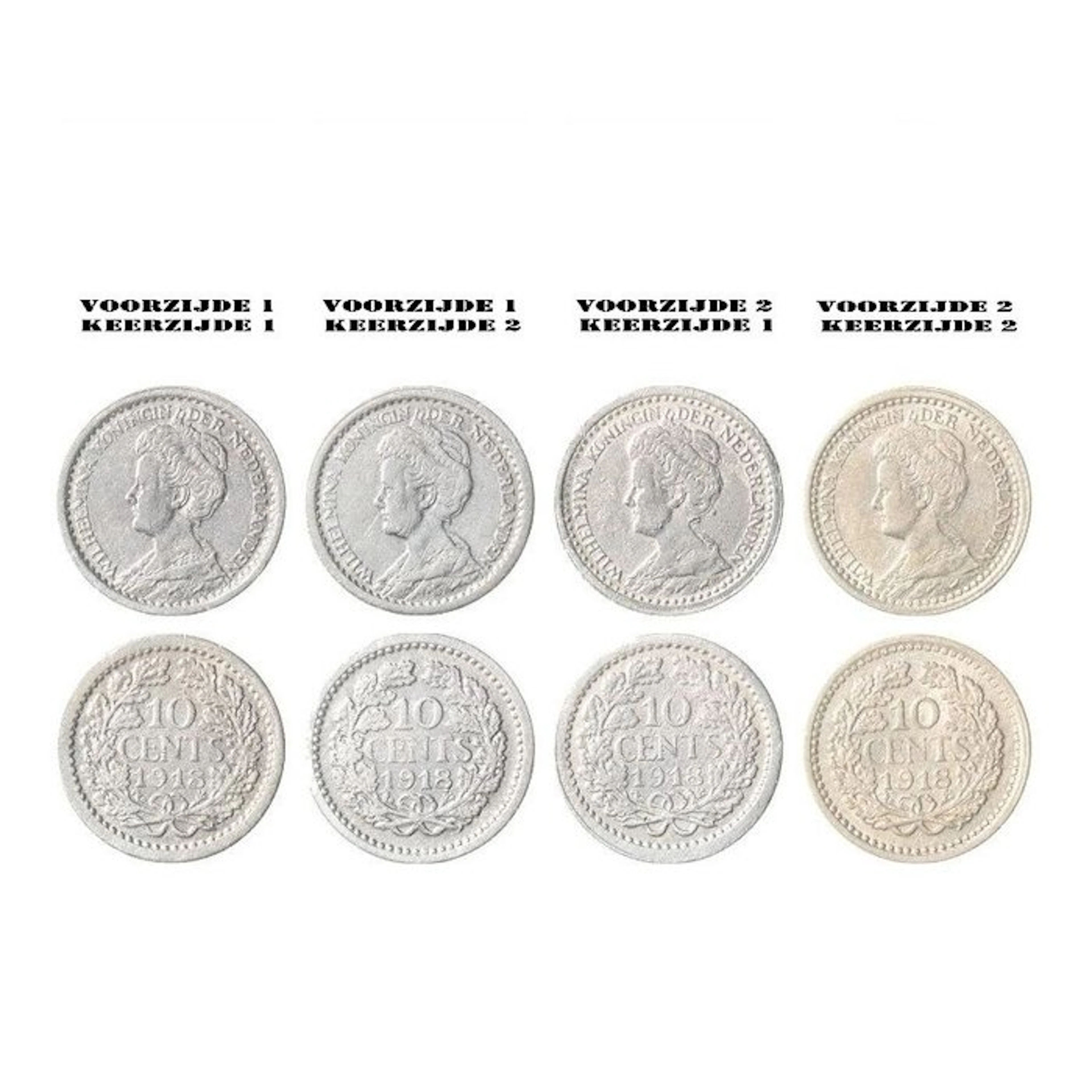 Netherlands. Wilhelmina. 10 Cents 1918 alle varianten compleet (4